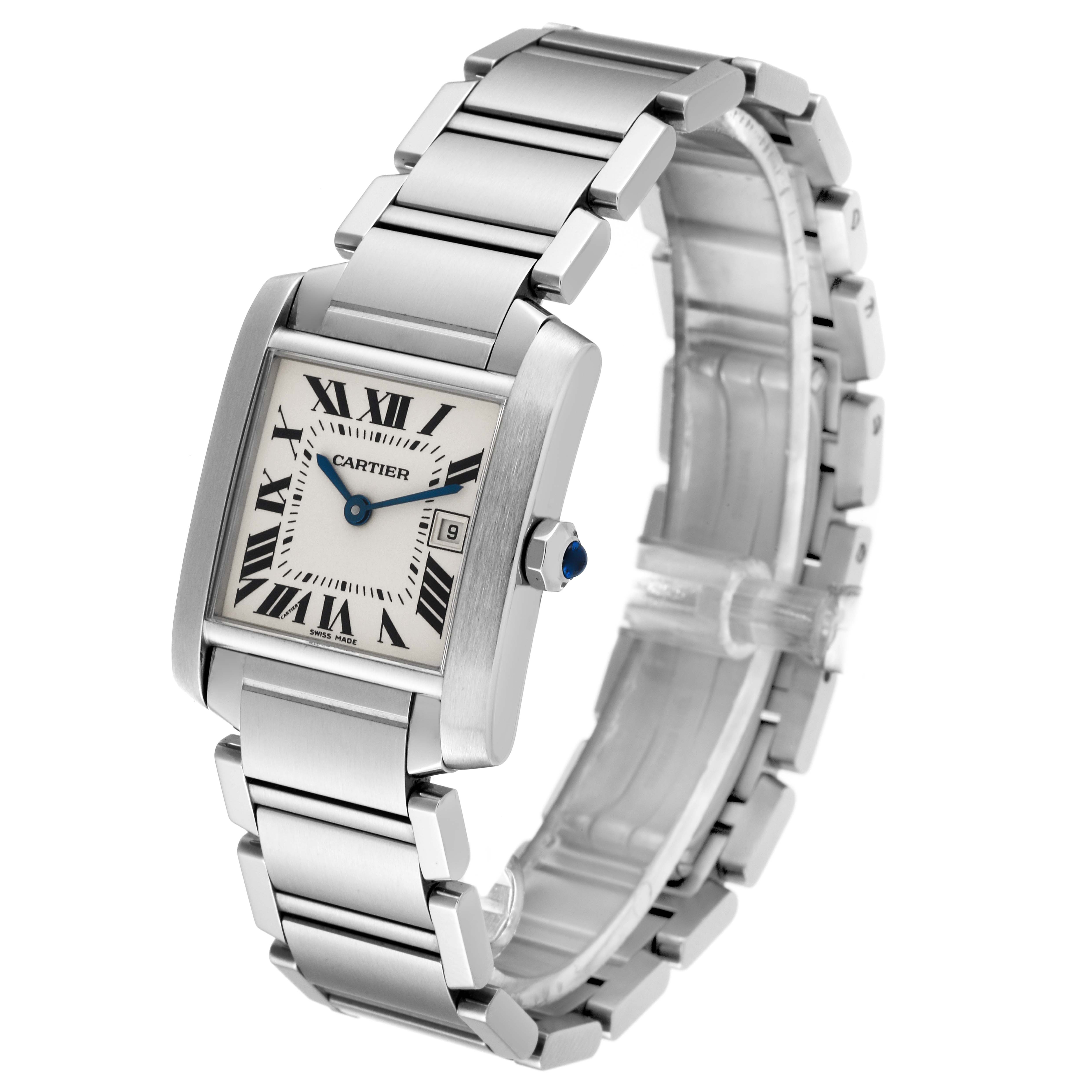 The Cartier Tank Française watch is shown from a slight front angle, highlighting its face, bracelet, and crown.
