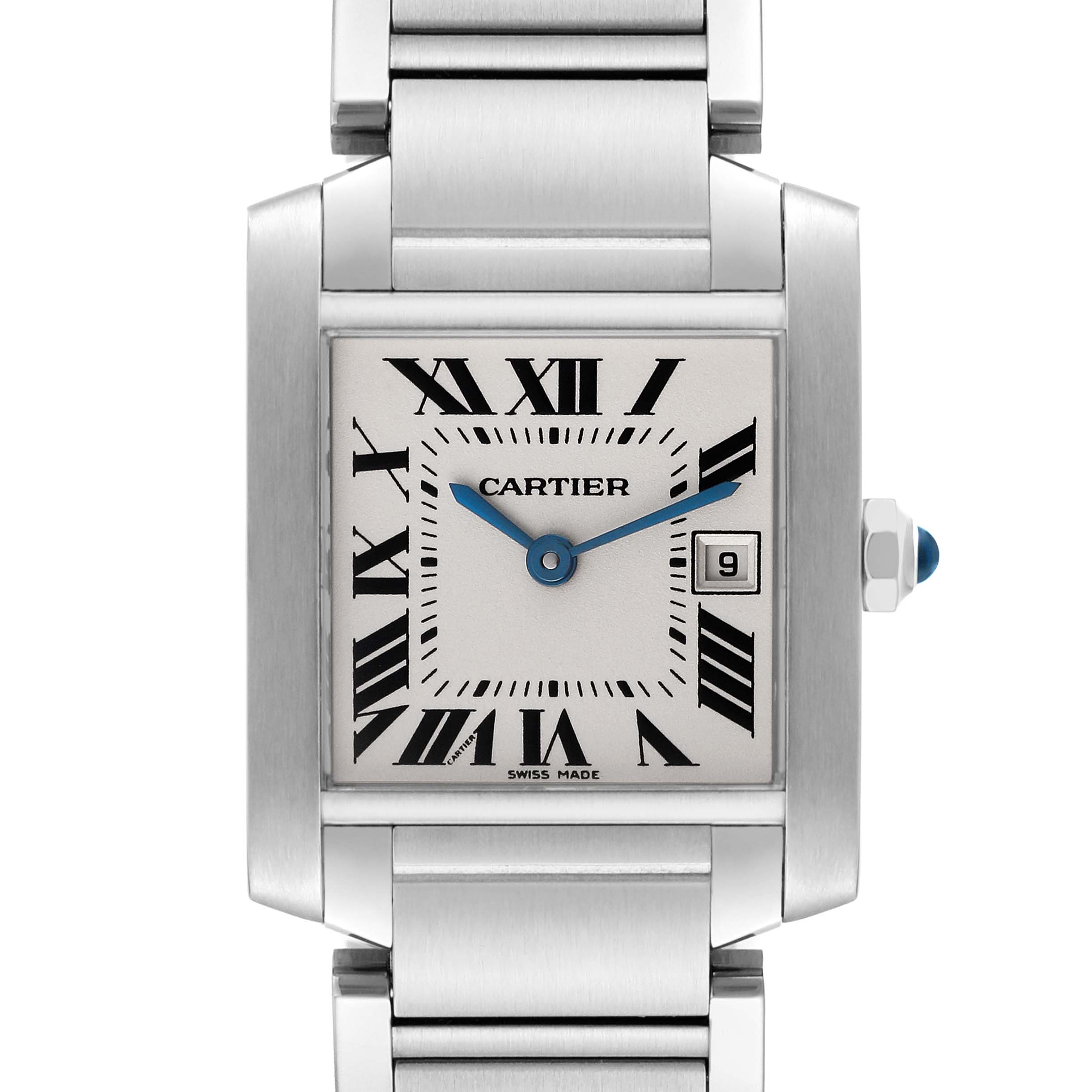 The Cartier Tank Francaise W51011Q3 Women
s Stainless Steel Silver Dial W51011Q3 Women
s Stainless Steel Silver Dial watch is shown from the front, highlighting the face, Roman numerals, blue hands, and part of the metal bracelet.