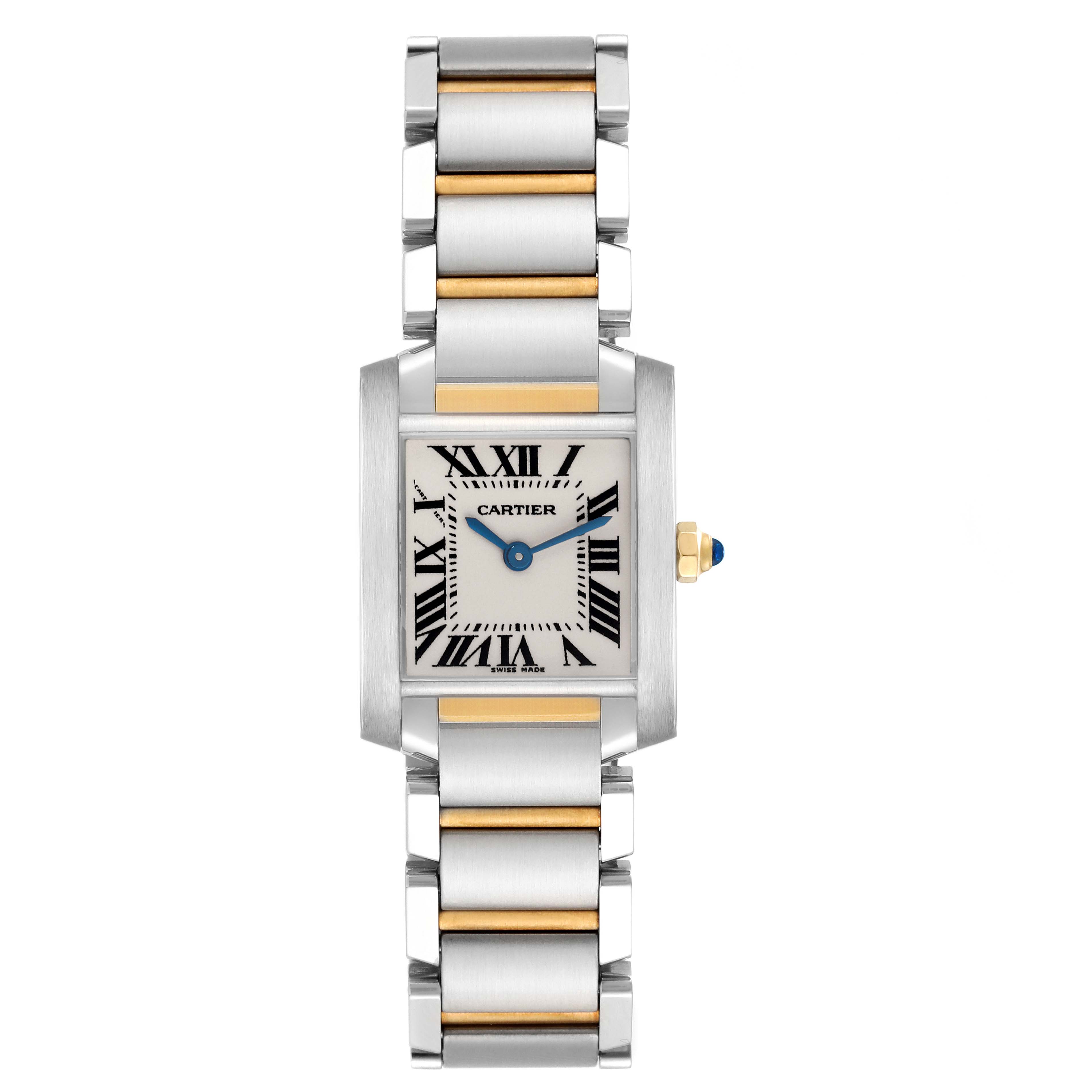 The Cartier Tank Francaise W51007Q4 Women's Steel and Gold (two tone) Silver Dial W51007Q4 Women's Steel and Gold (two tone) Silver Dial watch is shown from the front, displaying the face, bezel, and bracelet.