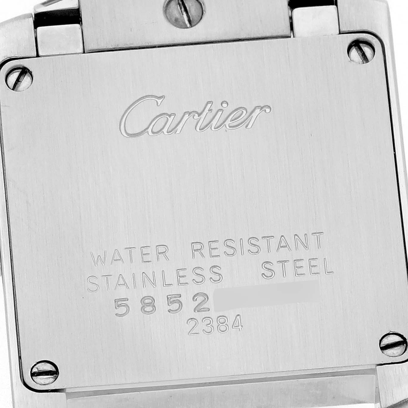 The image shows the back panel of the Cartier Tank Française, highlighting its water resistance and stainless steel features.