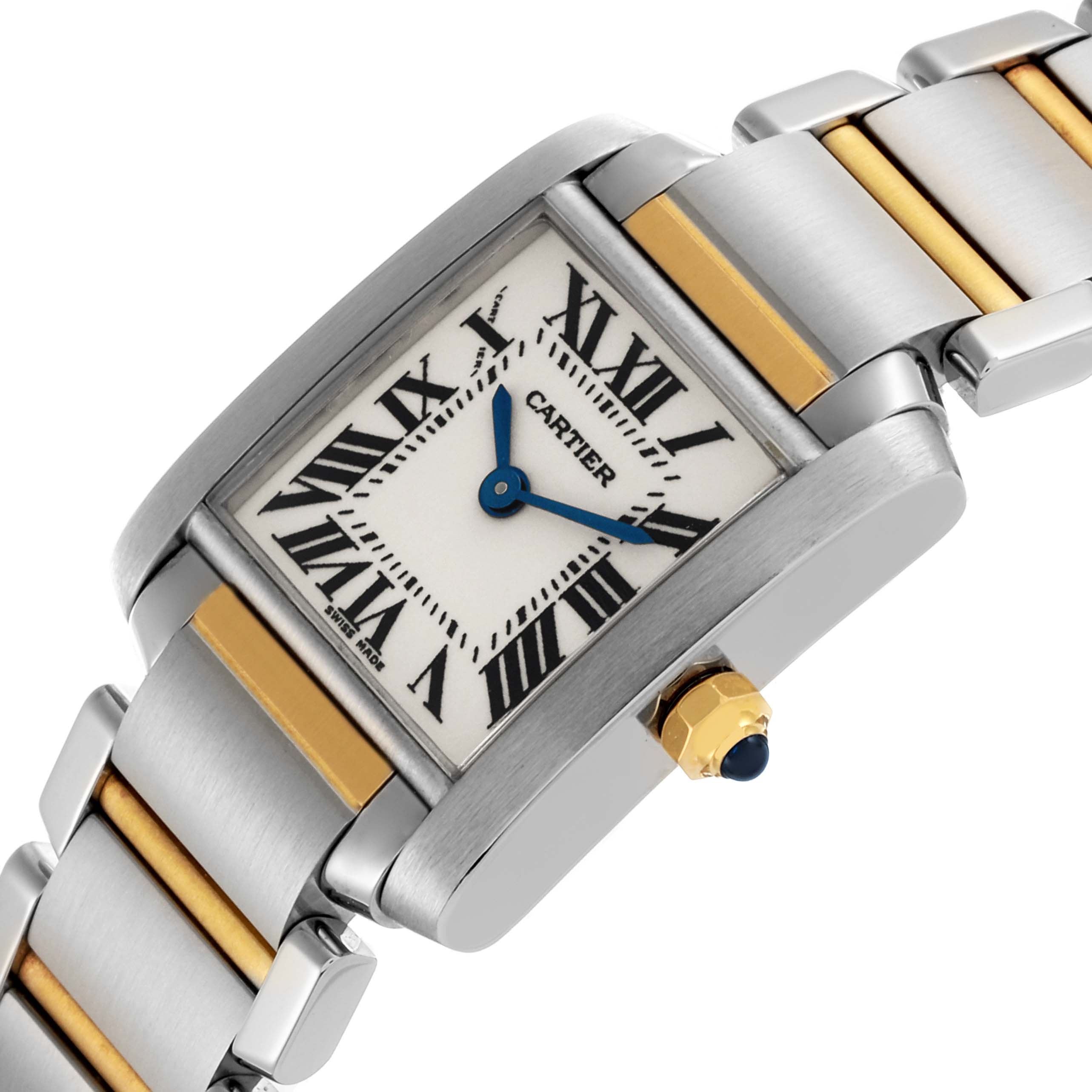 The Cartier Tank Française watch is shown at an angled view, highlighting the face, bracelet, and crown.