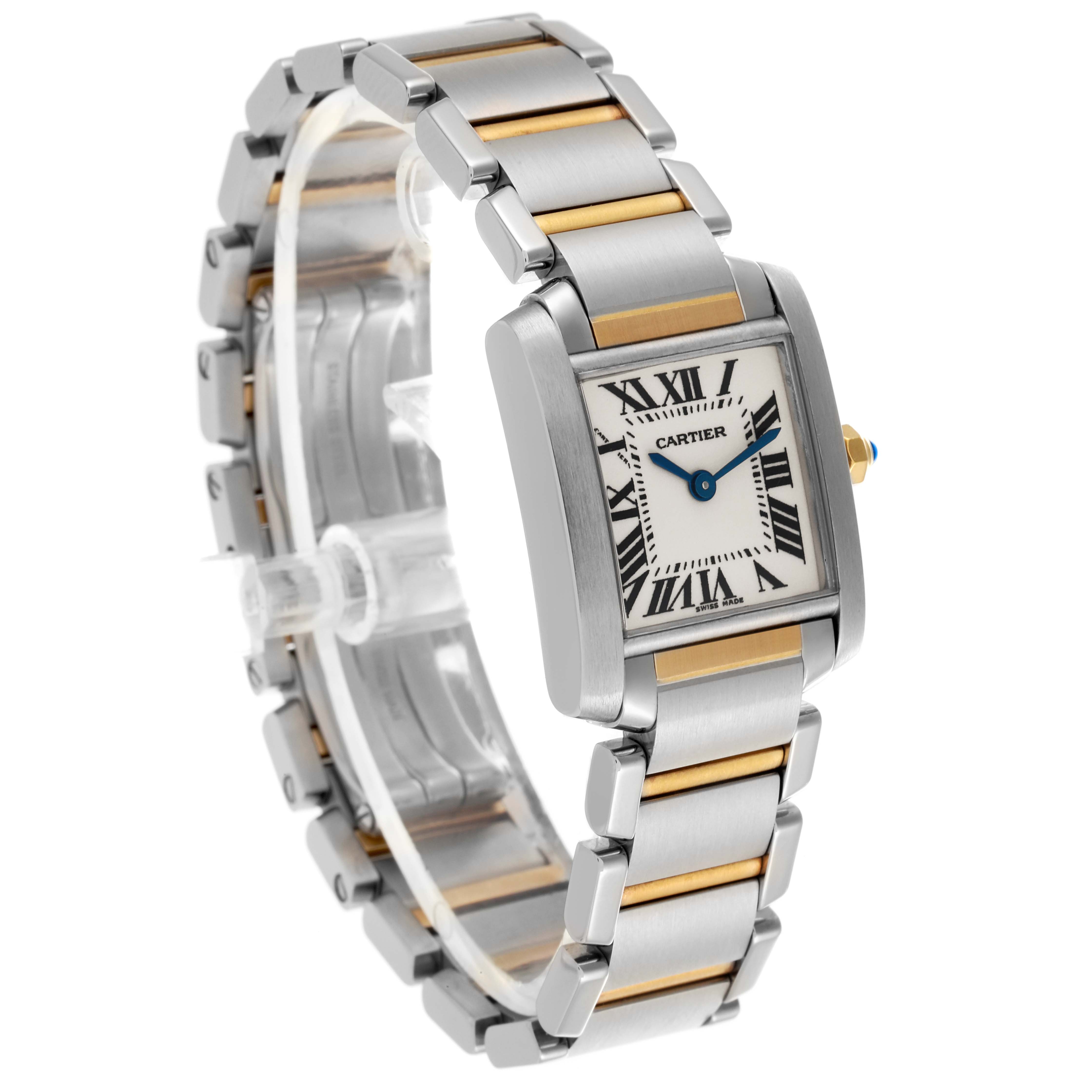 The Cartier Tank Française watch is shown at a three-quarter angle, highlighting the face, bracelet, and distinctive square case.