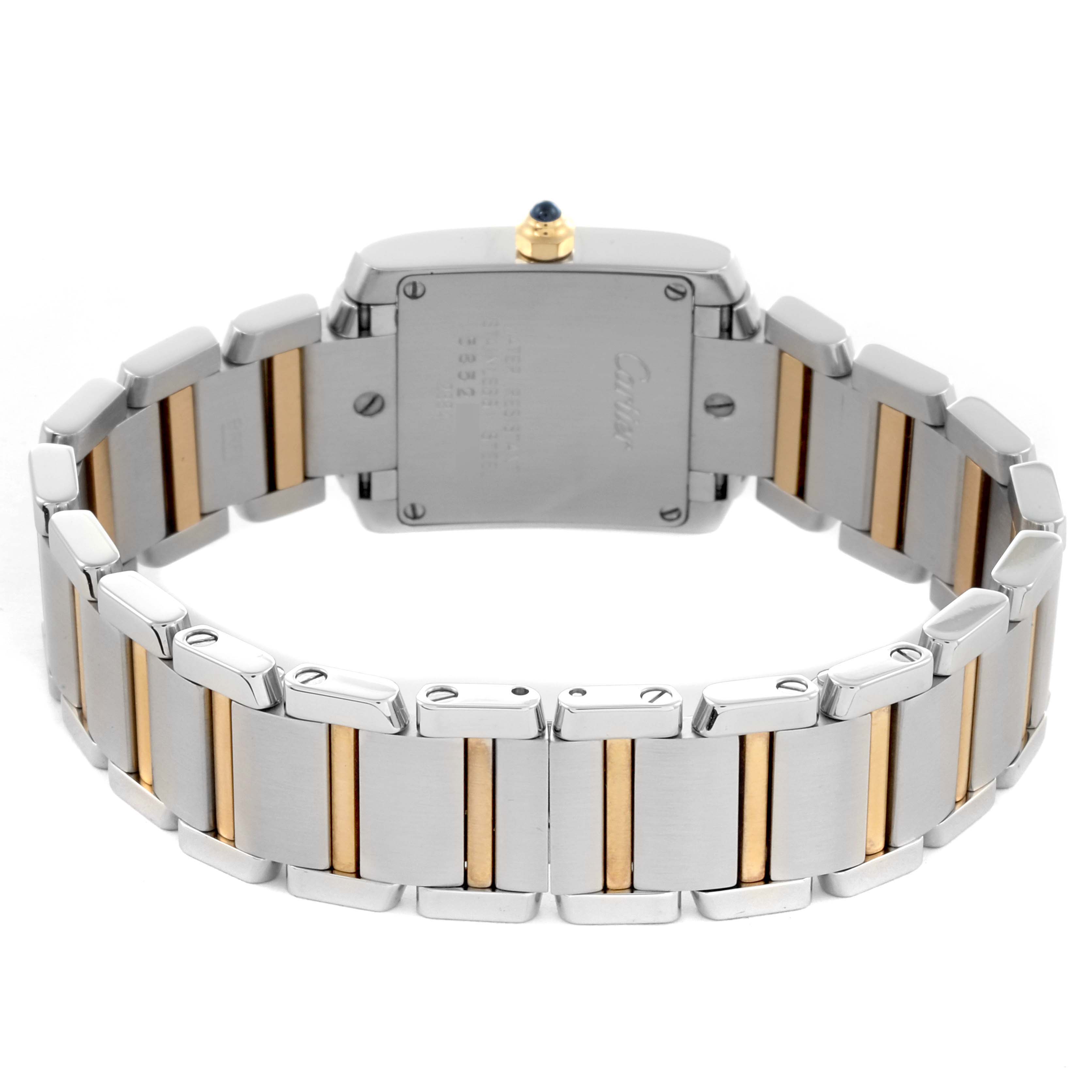 The image shows the back and bracelet of a Cartier Tank Française watch with a two-tone metal design.