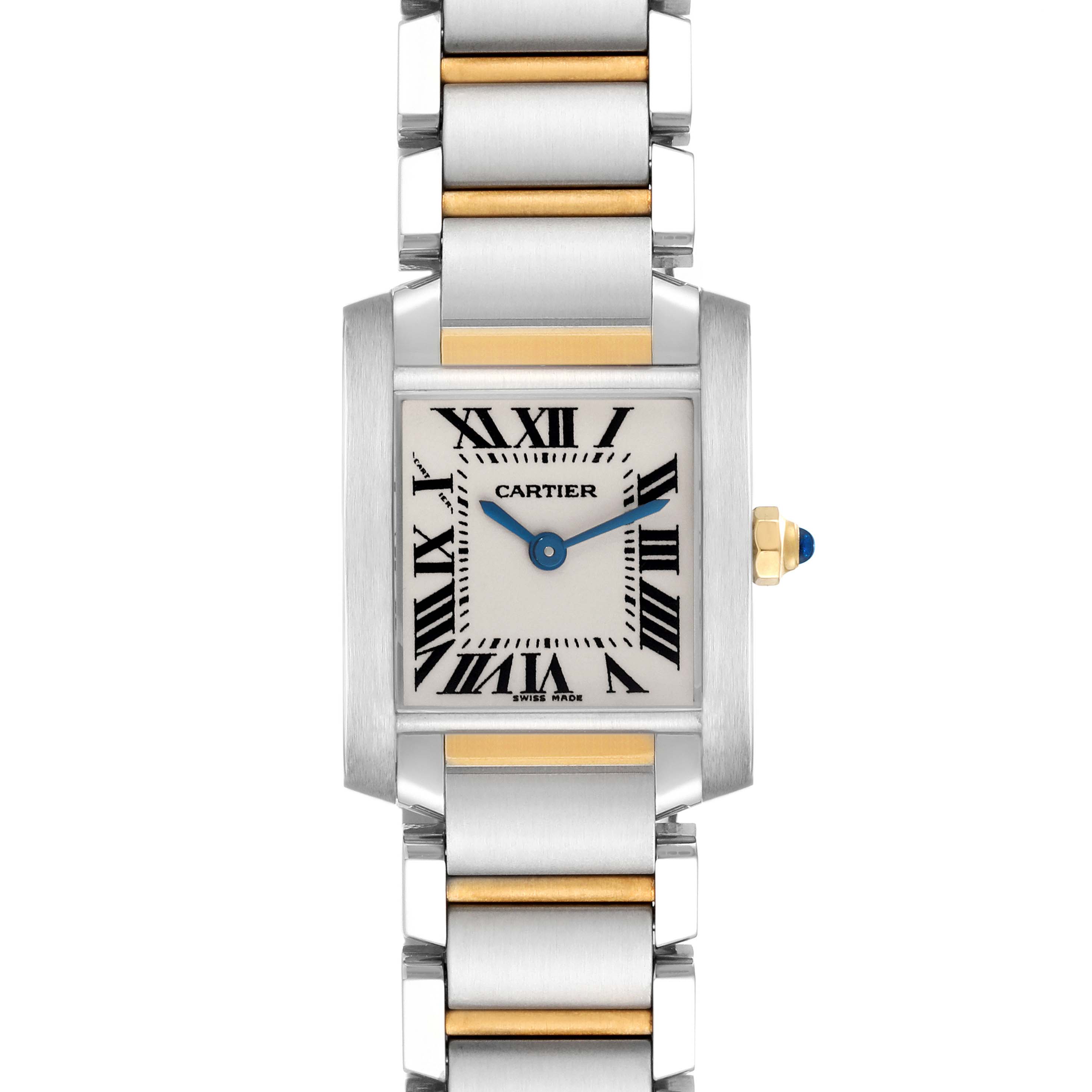 The Cartier Tank Francaise W51007Q4 Women's Steel and Gold (two tone) Silver Dial W51007Q4 Women's Steel and Gold (two tone) Silver Dial is shown from the front, highlighting the face, case, and metal bracelet.