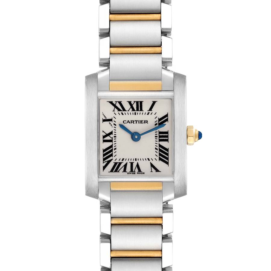 The Cartier Tank Francaise is shown from the front, highlighting the face, case, and metal bracelet.