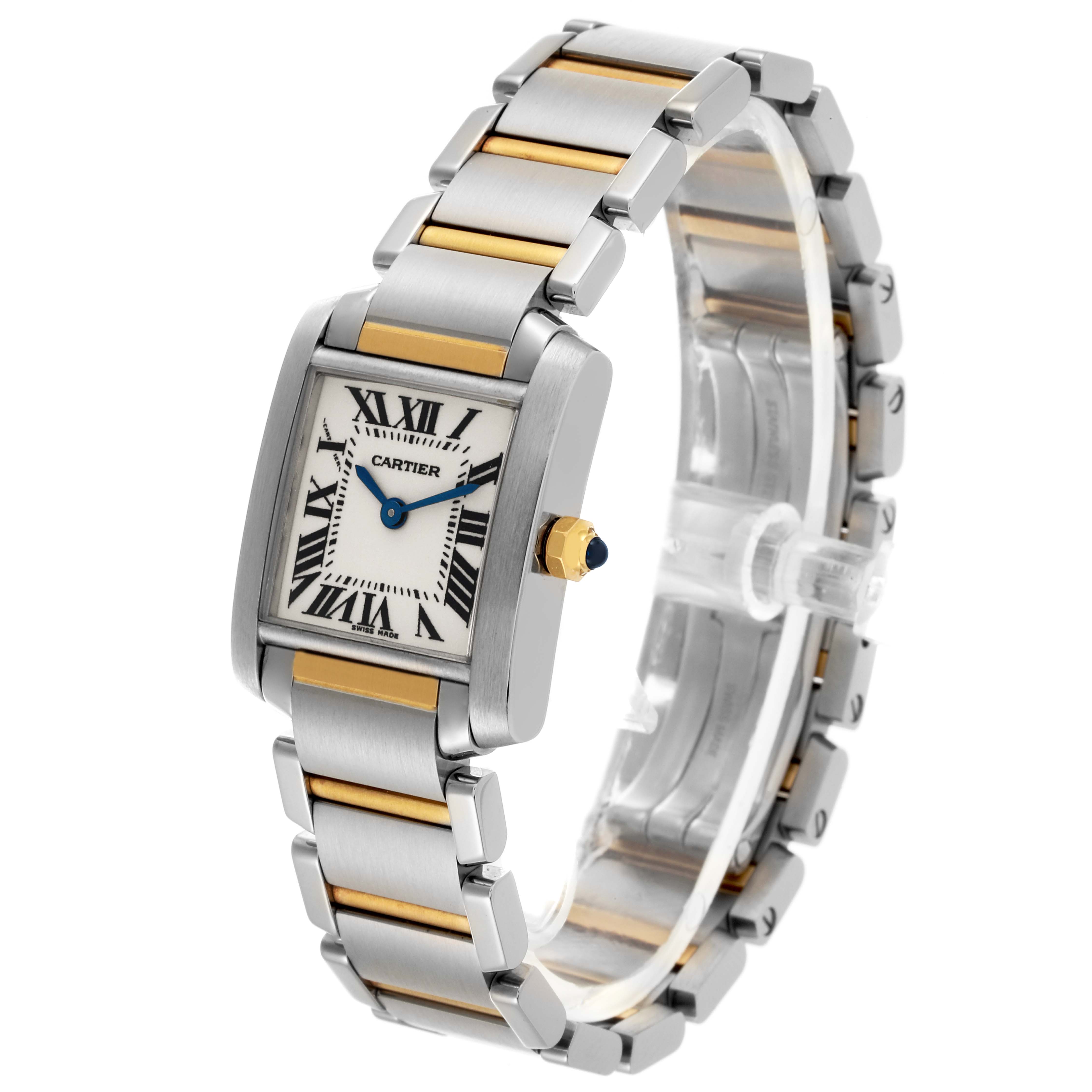 The Cartier Tank Francaise W51007Q4 Women's Steel and Gold (two tone) Silver Dial W51007Q4 Women's Steel and Gold (two tone) Silver Dial is shown at a three-quarter angle, highlighting its dual-tone bracelet and rectangular face.