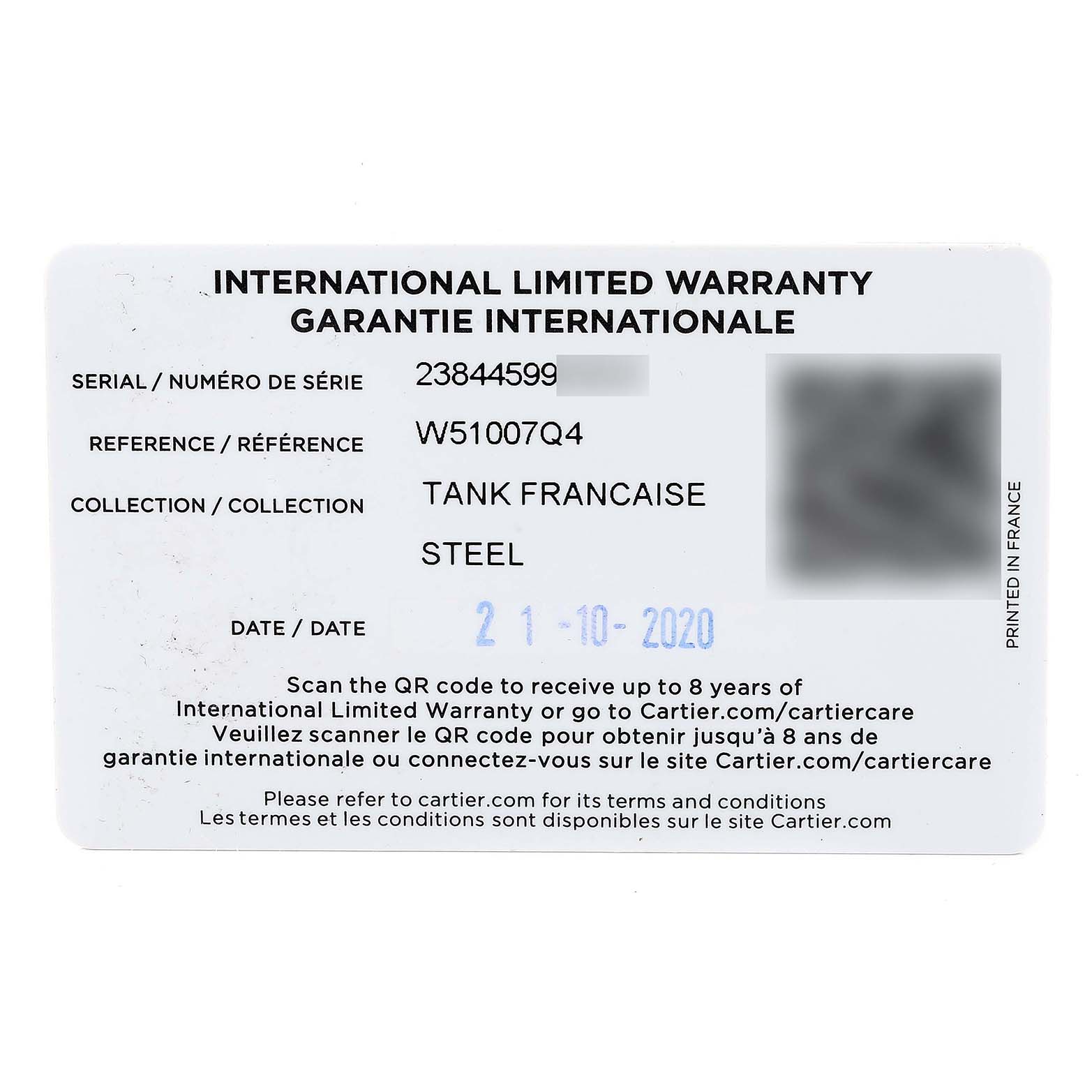 The image shows an international limited warranty card for the Cartier Tank Francaise W51007Q4 Women's Steel and Gold (two tone) Silver Dial W51007Q4 Women's Steel and Gold (two tone) Silver Dial watch model.