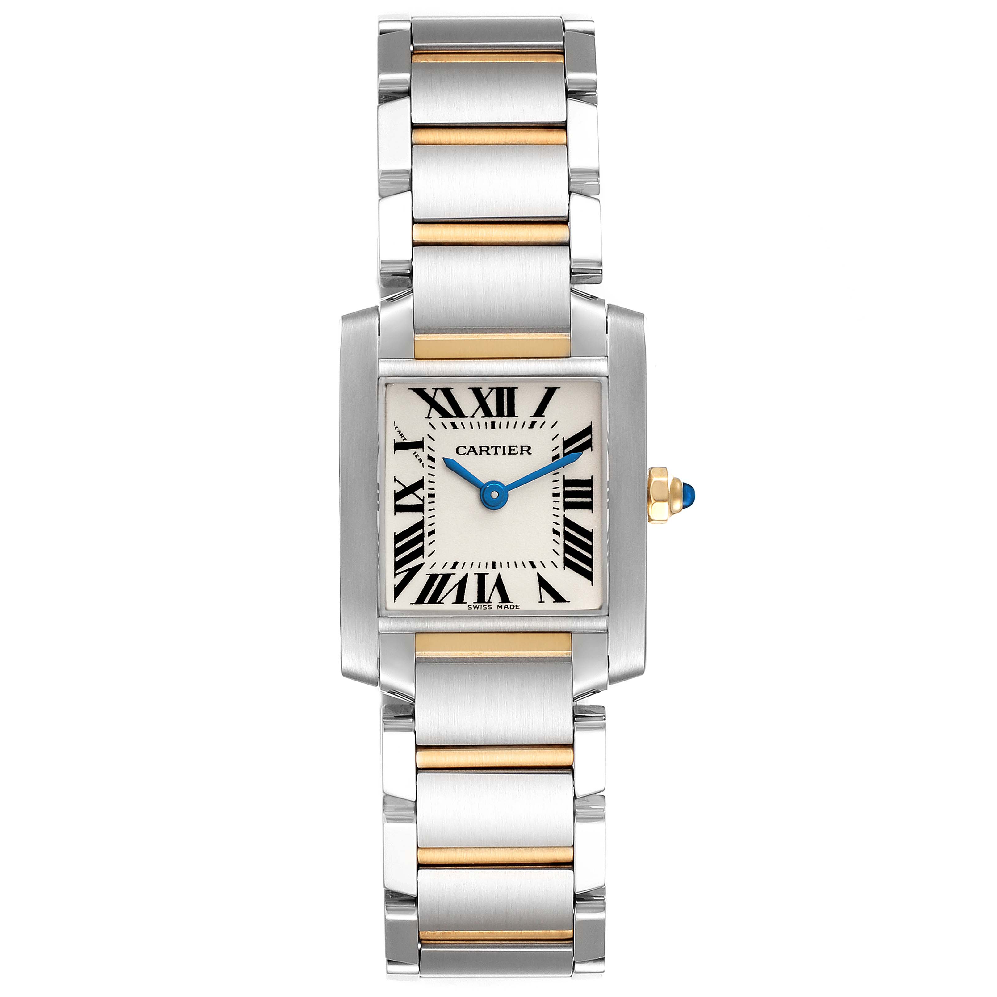 This image shows a Tank Francaise model by Cartier from a top-down angle, highlighting its two-tone metal bracelet and rectangular dial.
