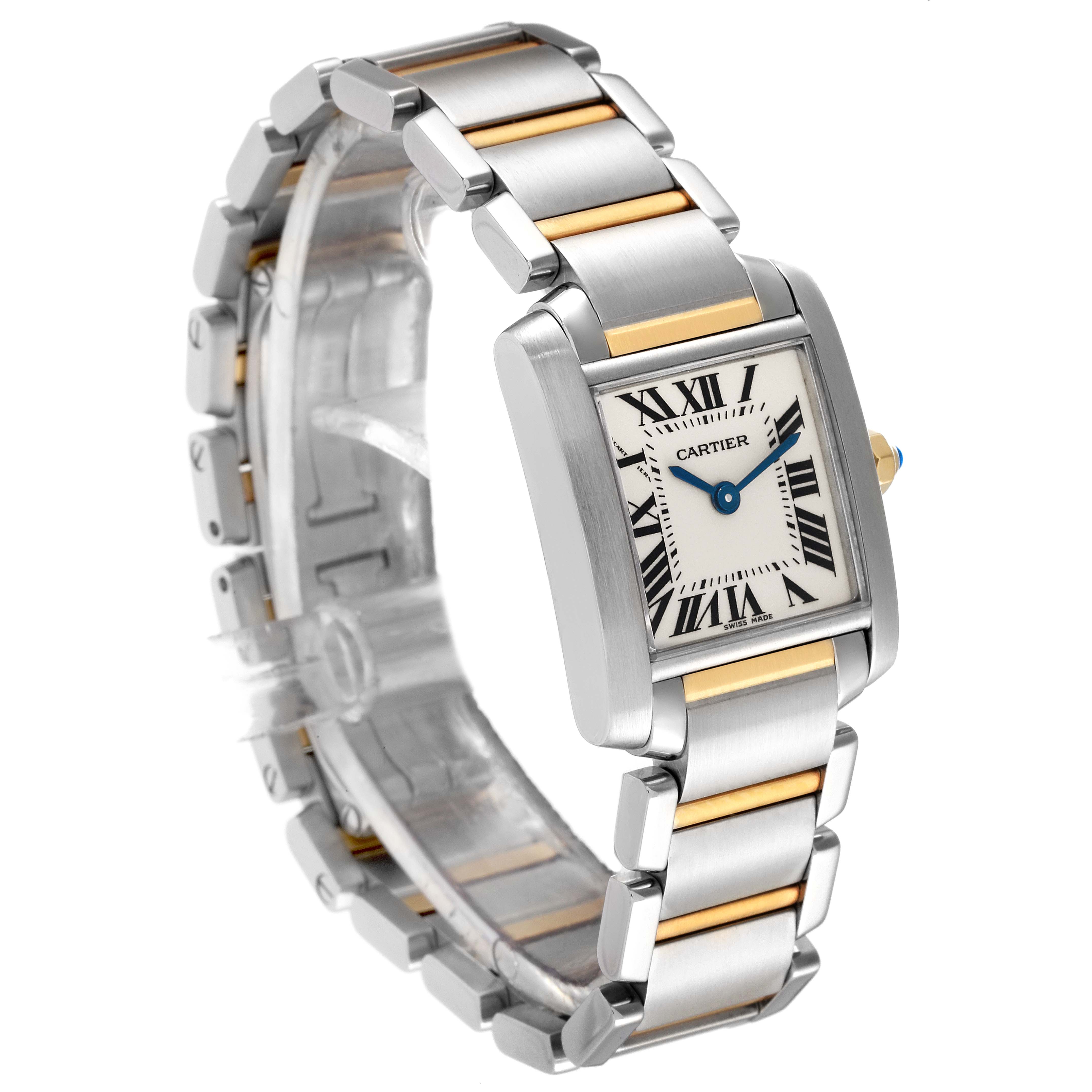 The image shows a Cartier Tank Francaise W51007Q4 Women's Steel and Gold (two tone) Silver Dial W51007Q4 Women's Steel and Gold (two tone) Silver Dial watch, focusing on the face, bracelet, and side view at a three-quarter angle.