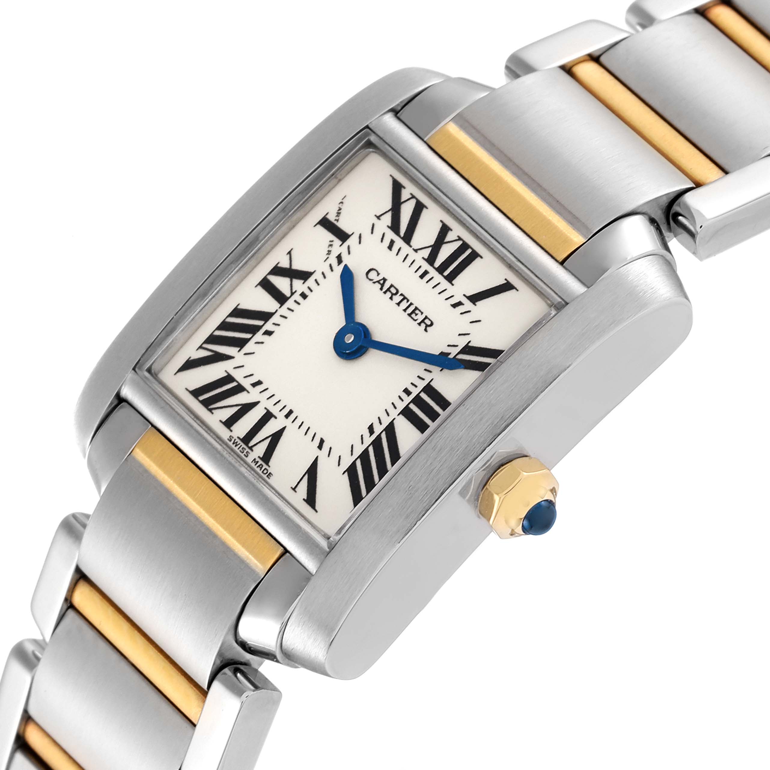 The image shows a close-up side angle of a Cartier Tank Française watch, highlighting its face, band, and crown.