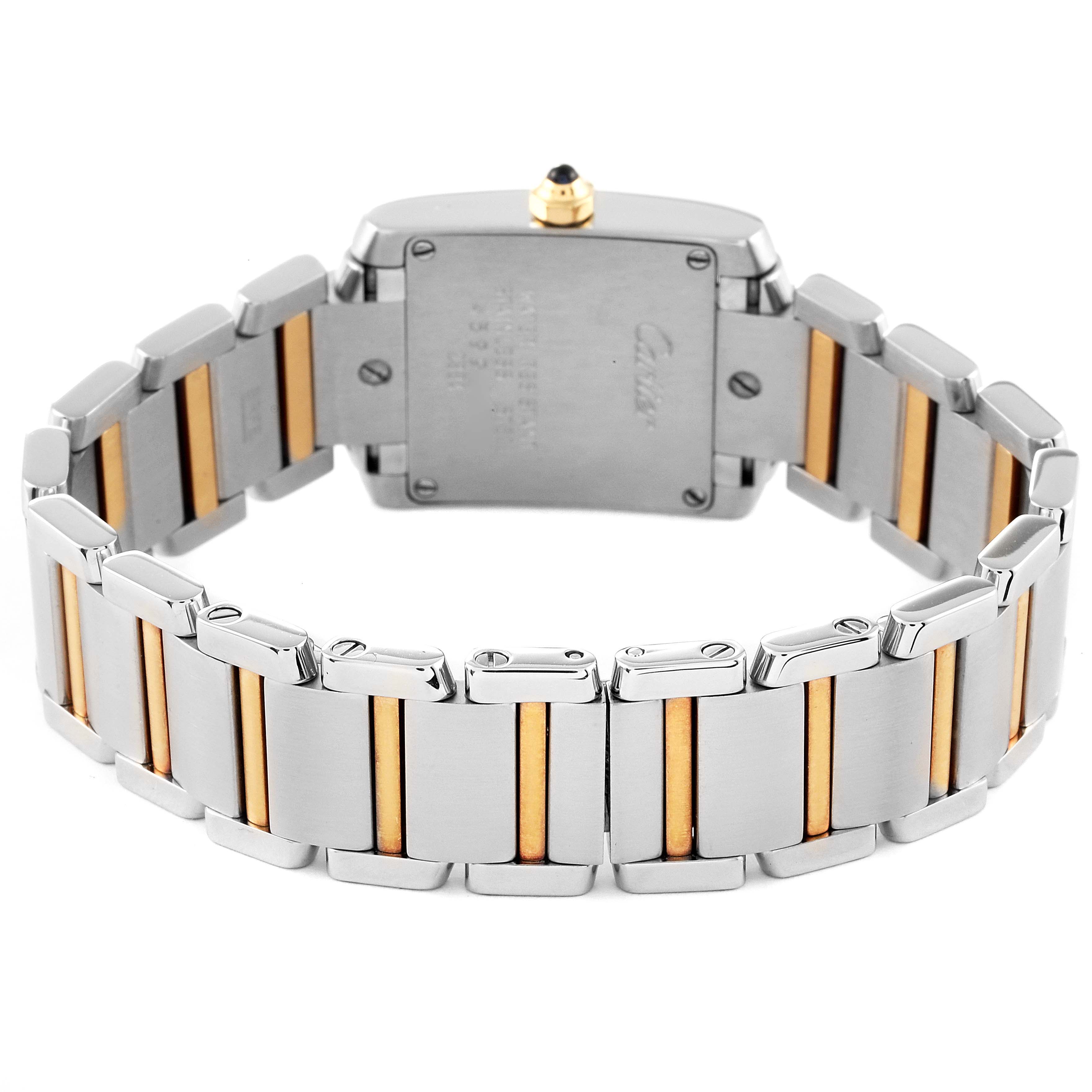 The Cartier Tank Francaise W51007Q4 Women's Steel and Gold (two tone) Silver Dial W51007Q4 Women's Steel and Gold (two tone) Silver Dial watch is shown from the back, highlighting the case back and two-tone bracelet.