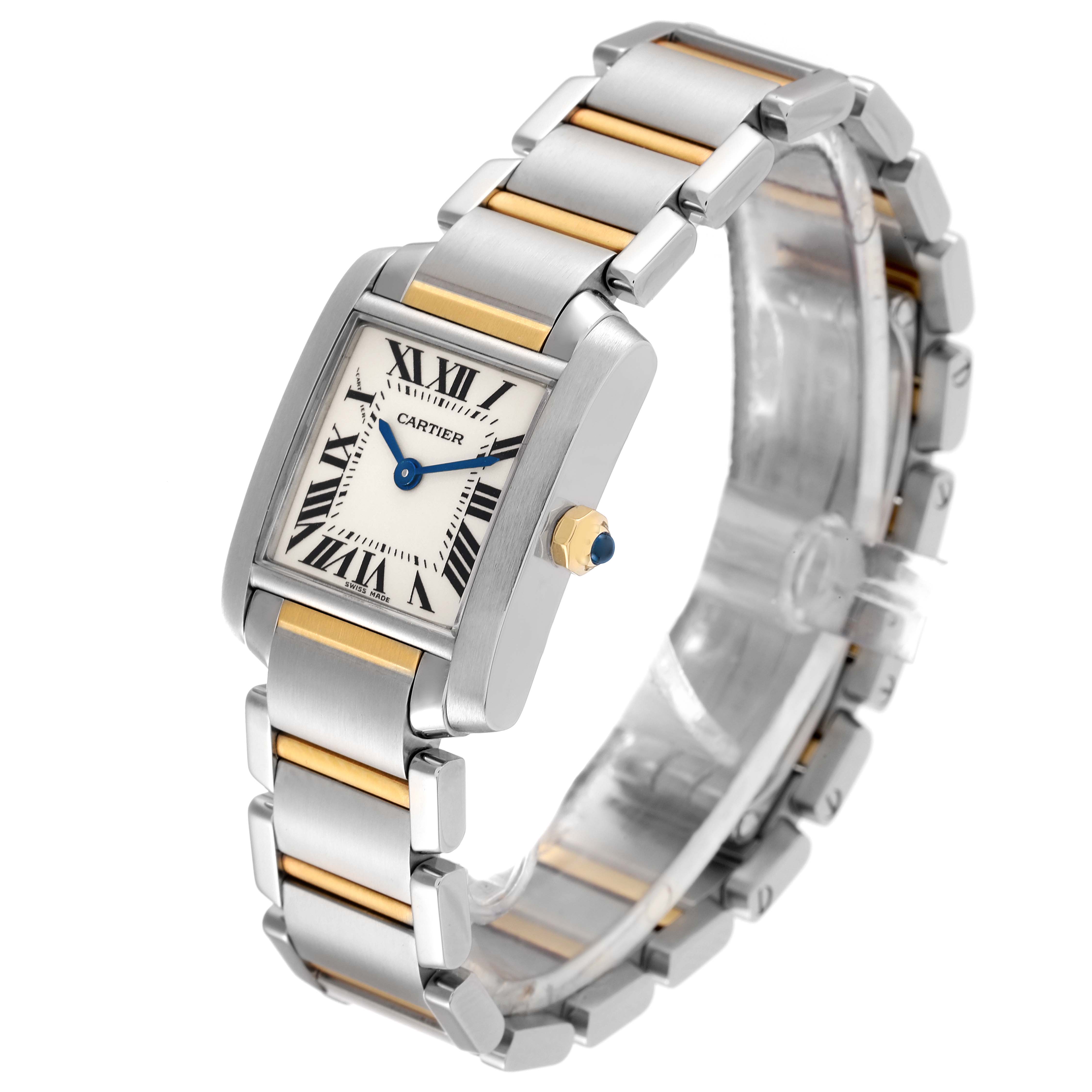 The Cartier Tank Francaise W51007Q4 Women's Steel and Gold (two tone) Silver Dial W51007Q4 Women's Steel and Gold (two tone) Silver Dial watch is shown from a front-side angle highlighting its rectangular face and two-tone metallic band.