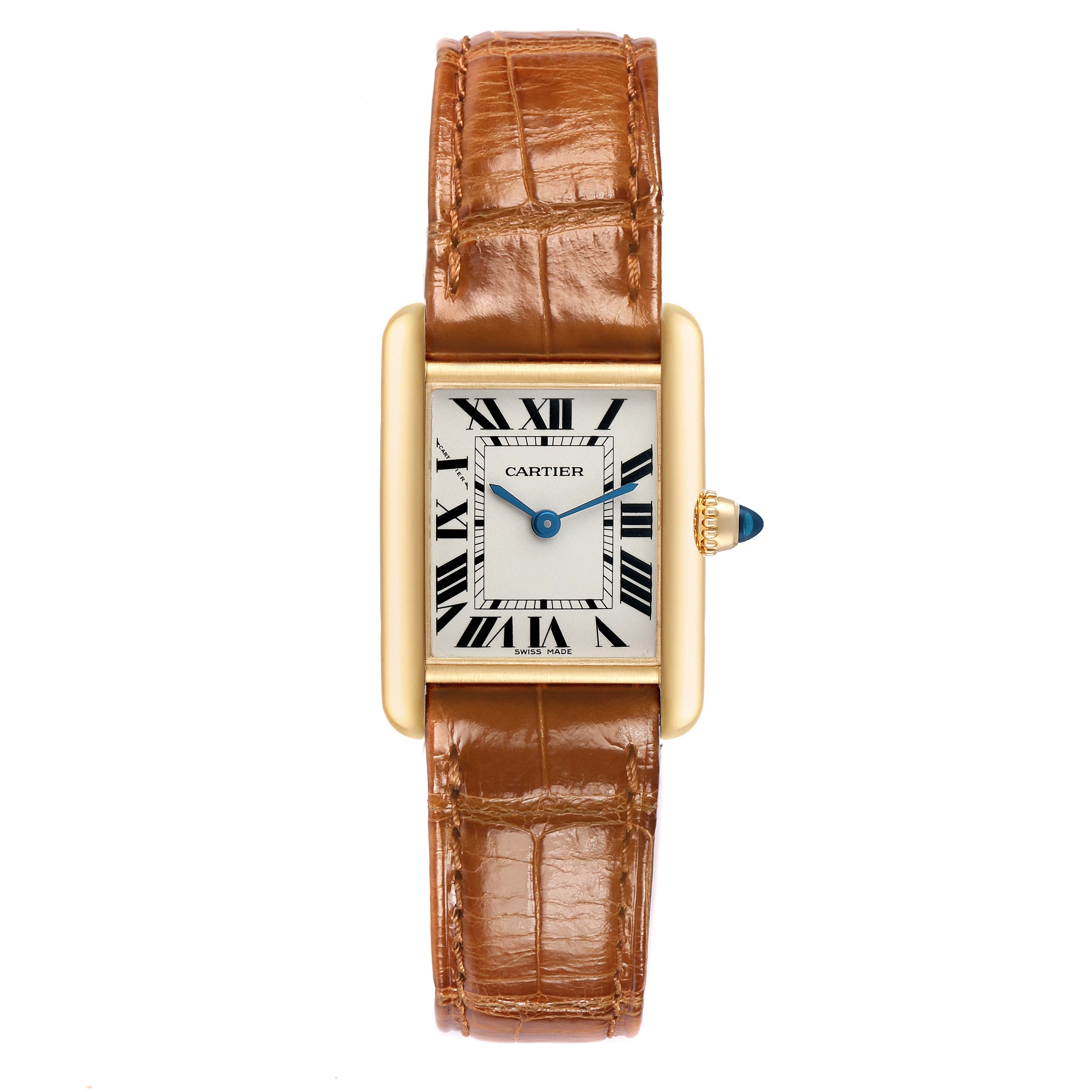 The Cartier Tank Louis W1529856 Women's Yellow Gold Silver Dial watch is shown from a top view, highlighting the rectangular face, Roman numerals, and leather strap.