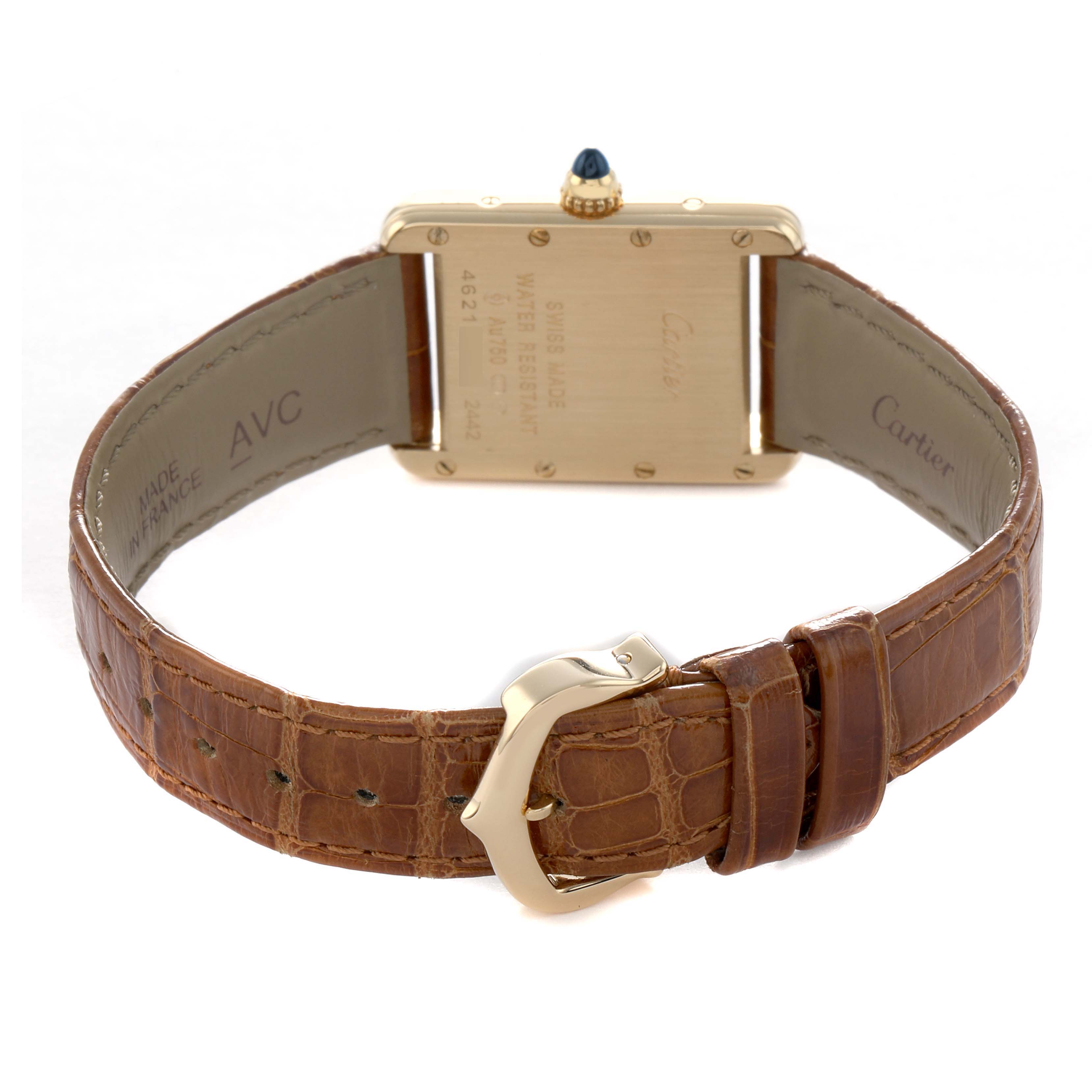 The Cartier Tank Louis W1529856 Women's Yellow Gold Silver Dial watch is shown from the back, displaying the case back, crown, and brown leather strap with a buckle.