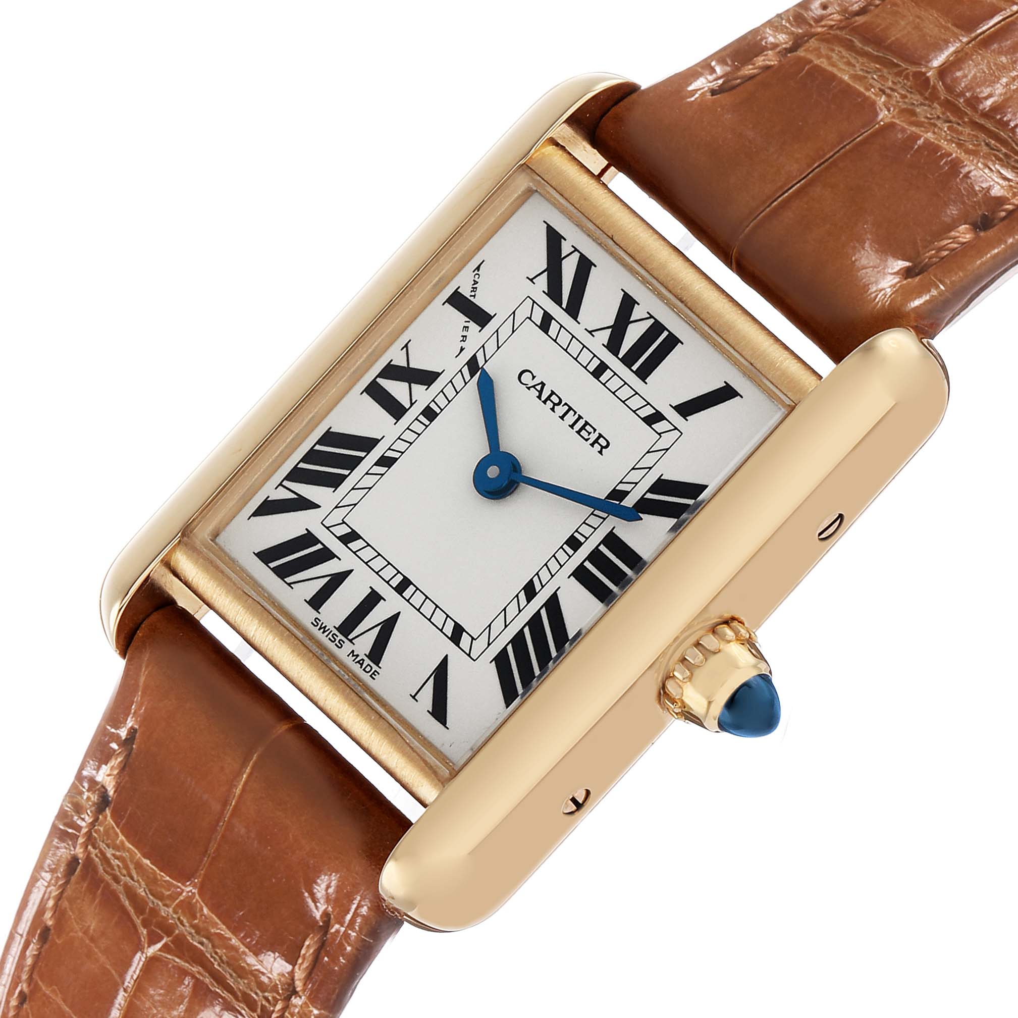The Cartier Tank Louis W1529856 Women's Yellow Gold Silver Dial watch is shown from a top angle, highlighting the rectangular dial and leather strap.