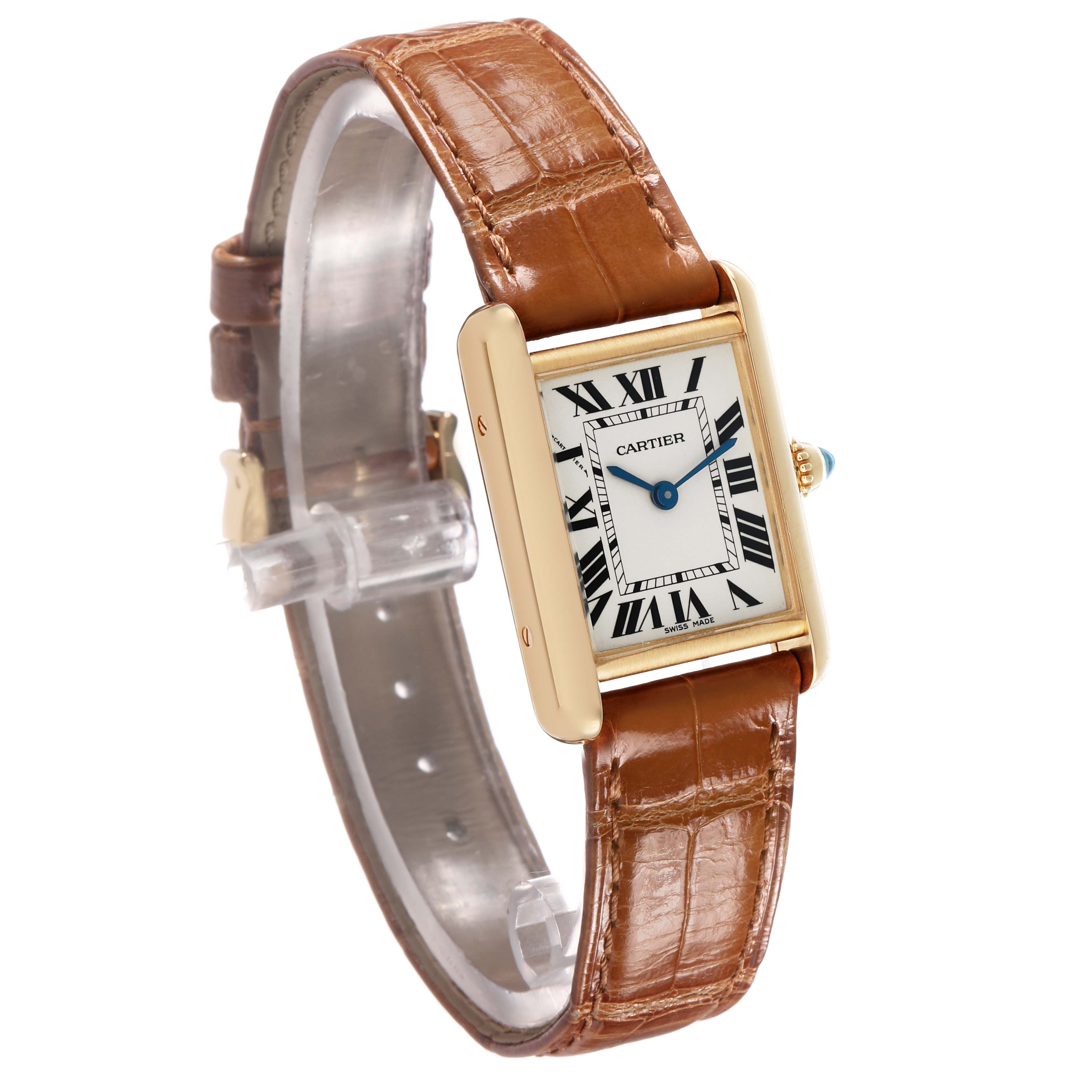 The image shows a Cartier Tank Louis W1529856 Women's Yellow Gold Silver Dial watch at a three-quarter angle, displaying its face, Roman numerals, leather strap, and gold case.