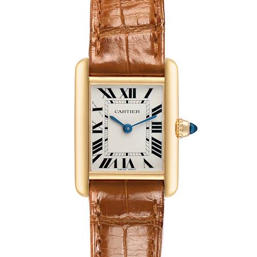 The Cartier Tank Louis W1529856 Women's Yellow Gold Silver Dial watch is shown from the front, displaying its dial, Roman numerals, and brown leather strap.