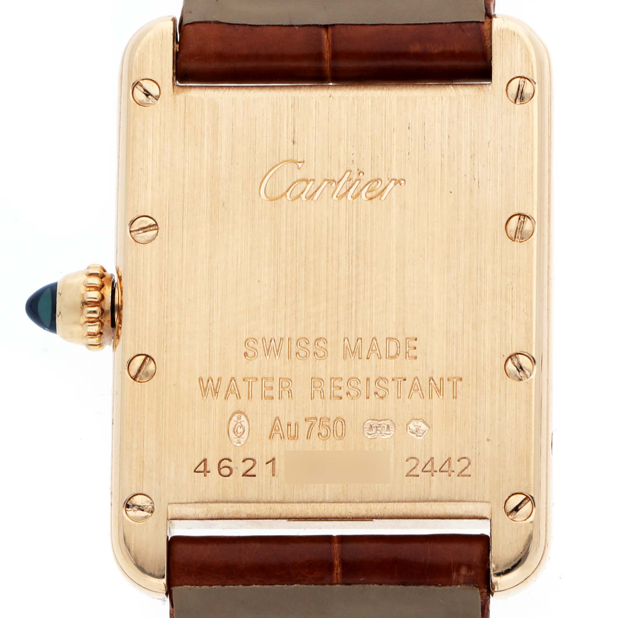 The image shows the back casing of the Cartier Tank Louis W1529856 Women's Yellow Gold Silver Dial watch, highlighting engravings and the crown with a blue cabochon.