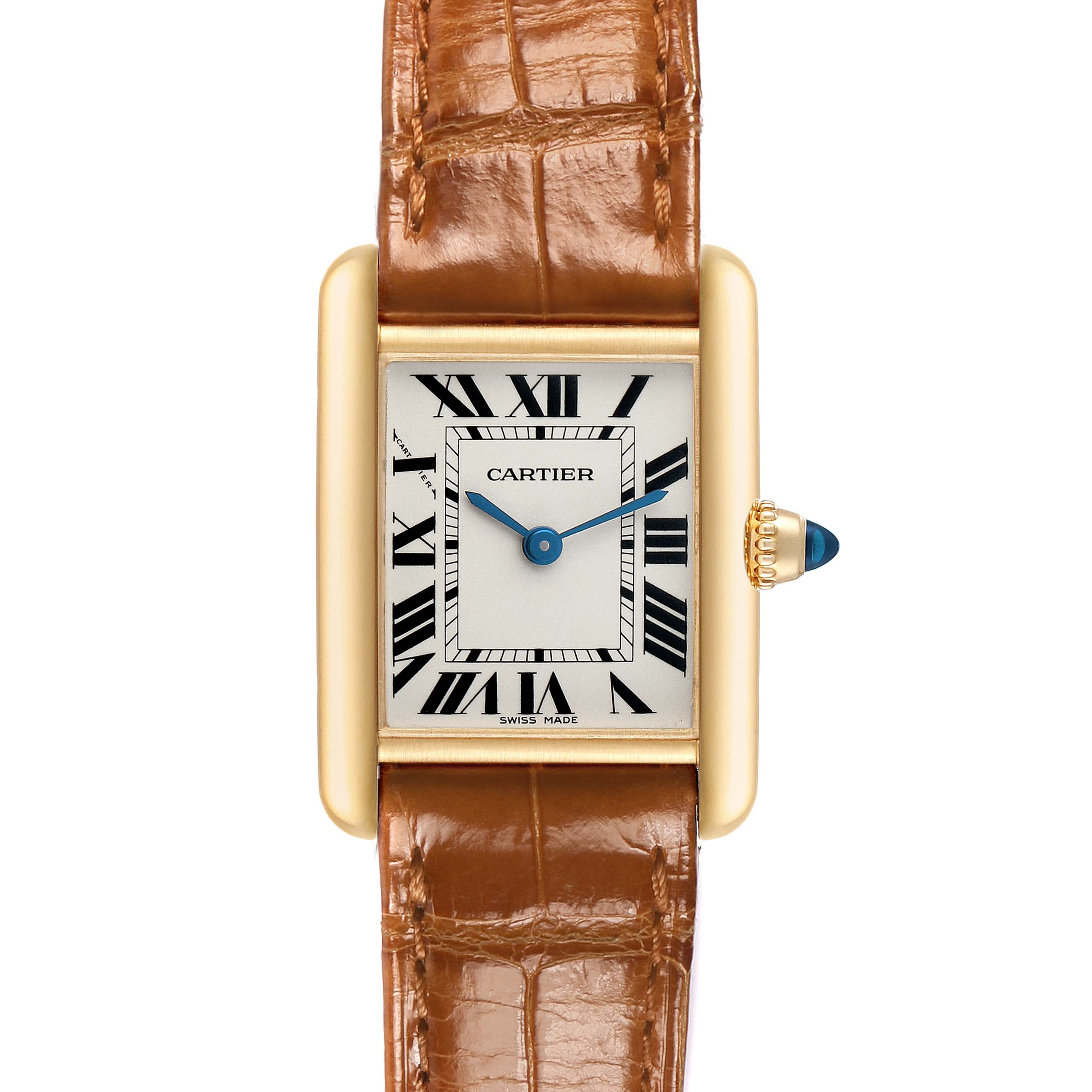 The Cartier Tank Louis W1529856 Women's Yellow Gold Silver Dial watch is shown from the front, displaying the face, Roman numerals, and leather strap.