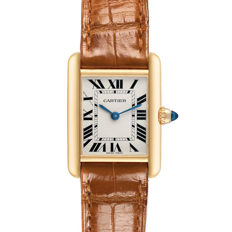 The Cartier Tank Louis W1529856 Women's Yellow Gold Silver Dial watch is shown from the front, displaying the face, Roman numerals, and leather strap.