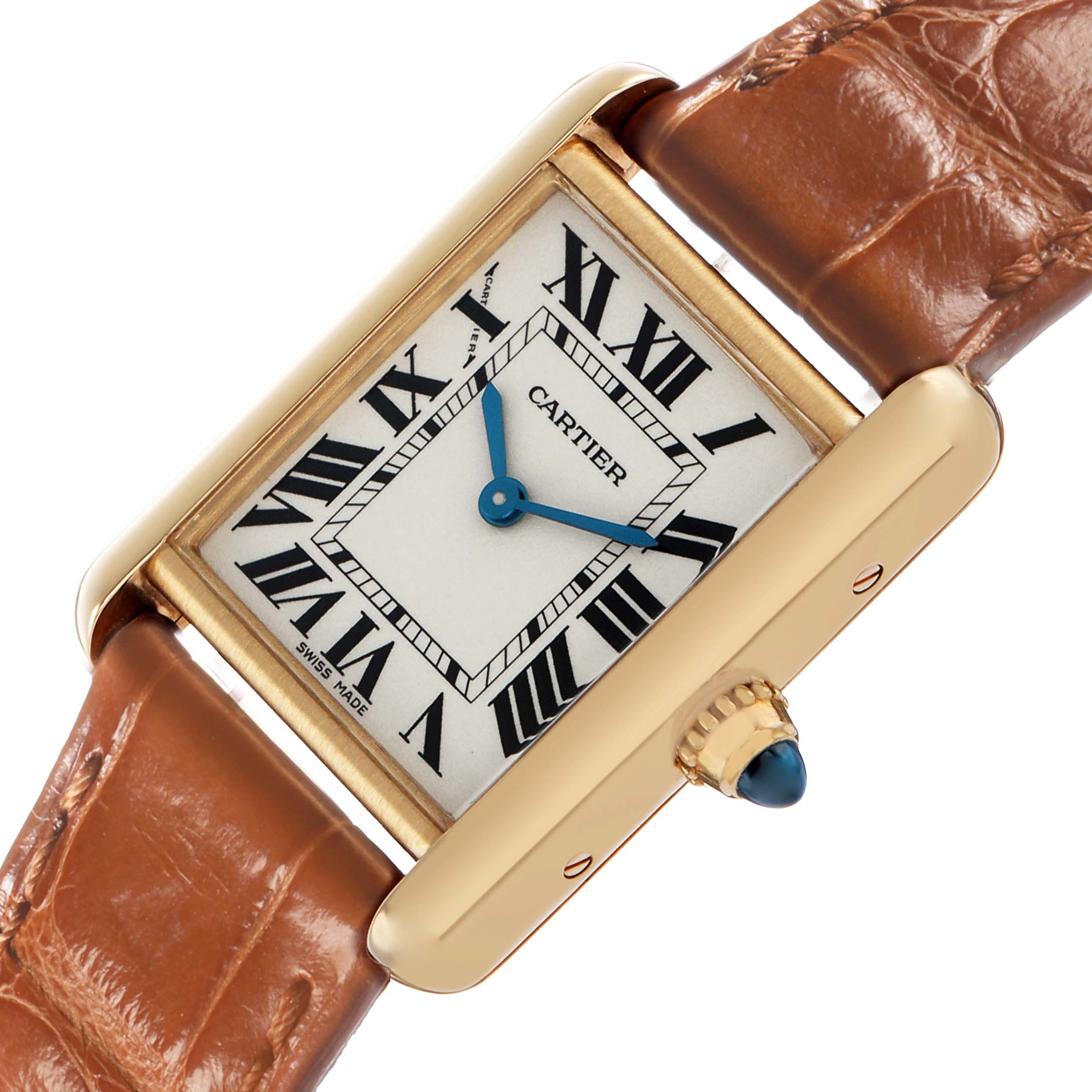 The Cartier Tank Louis W1529856 Women's Yellow Gold Silver Dial watch is shown from an overhead angle, displaying its face, side, and a portion of the strap.
