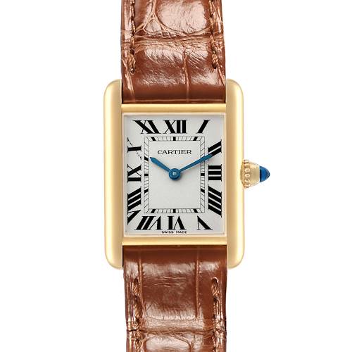 The Cartier Tank Louis W1529856 Women's Yellow Gold Silver Dial watch is shown from a front angle, highlighting its face, crown, and brown leather strap.