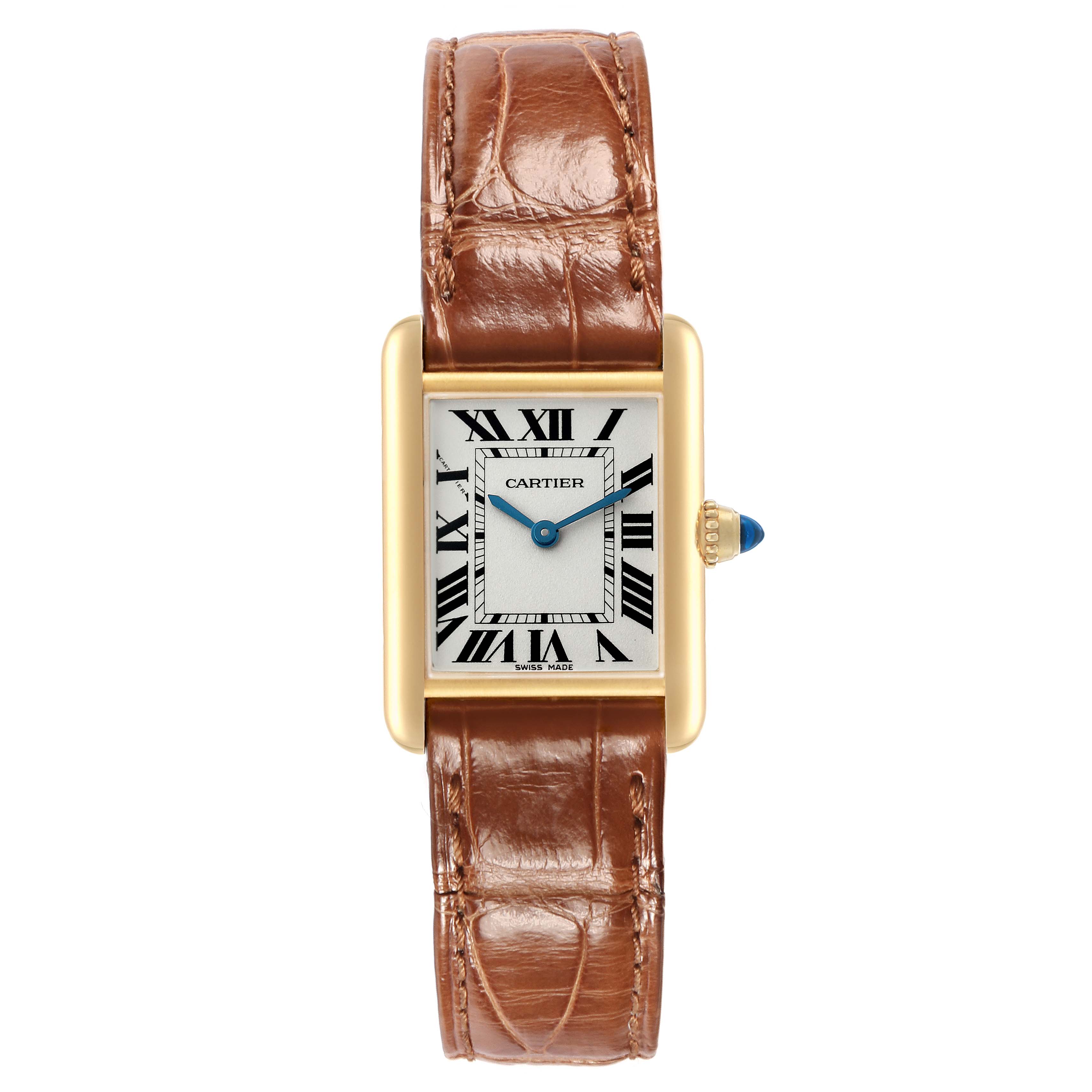 The Cartier Tank Louis W1529856 Women's Yellow Gold Silver Dial watch is shown from a front angle, displaying the dial, case, and brown leather strap.