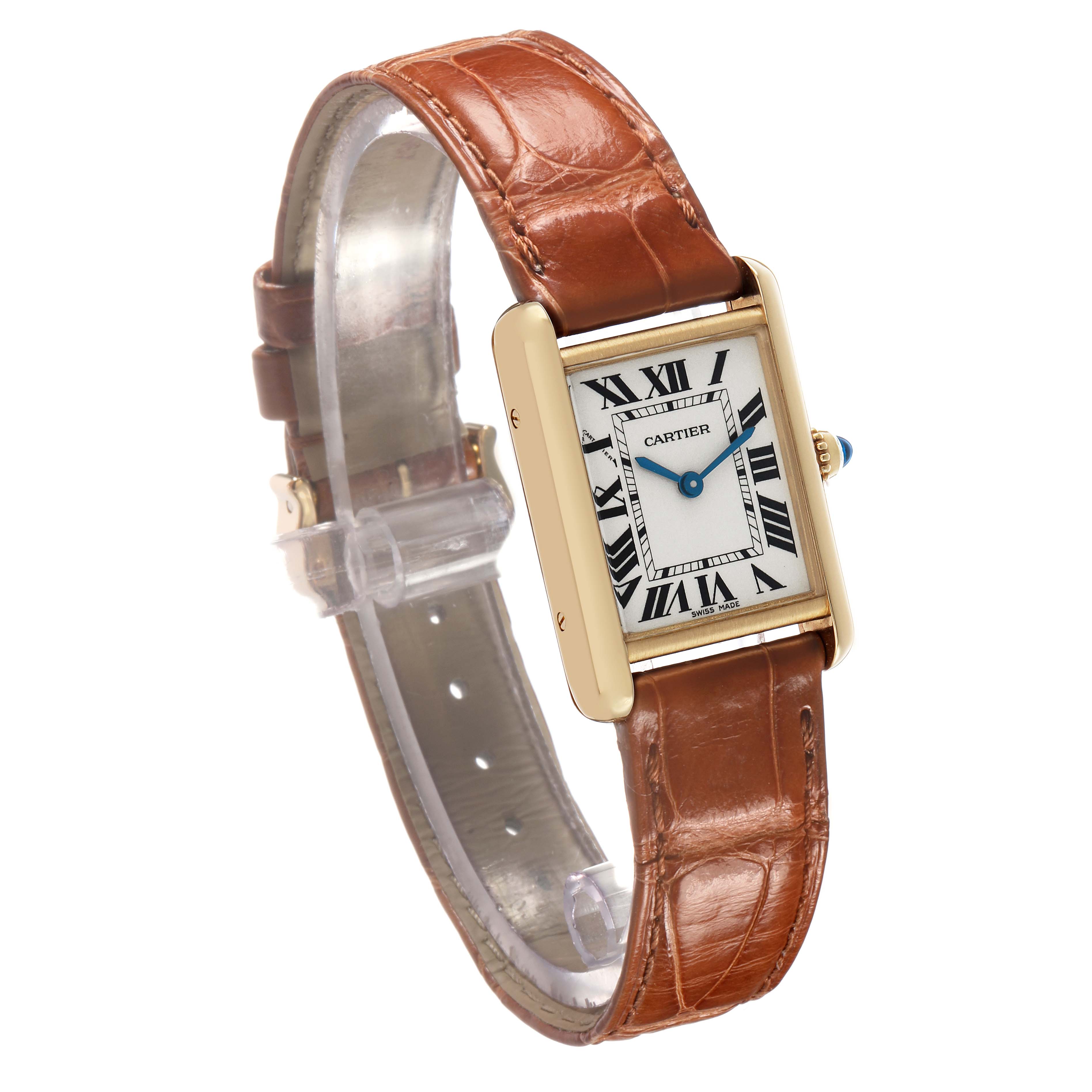 The Cartier Tank Louis W1529856 Women's Yellow Gold Silver Dial watch is shown at a slight angle, displaying the face, brown leather strap, and gold case with a blue cabochon crown.