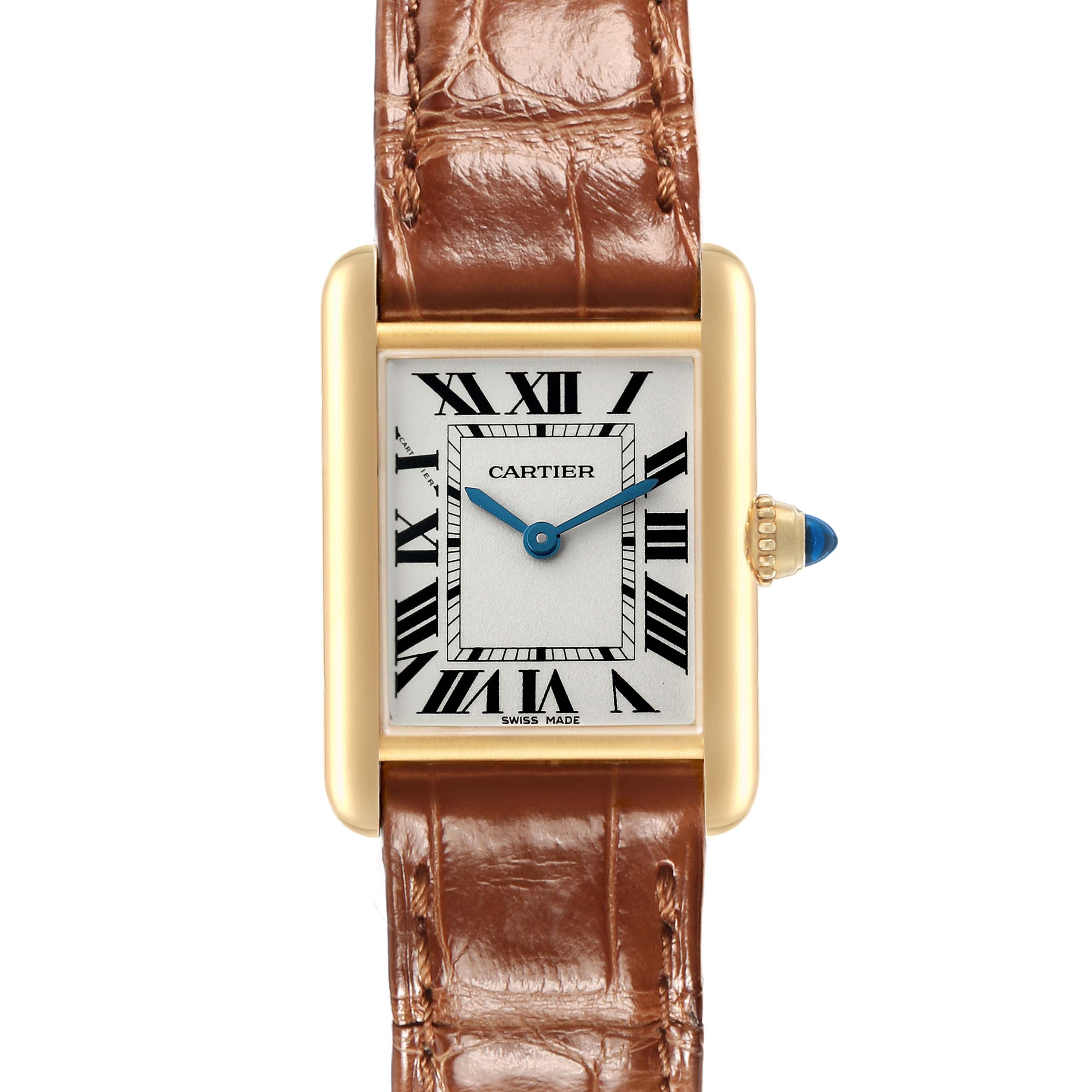 The image shows a Cartier Tank Louis W1529856 Women's Yellow Gold Silver Dial watch from a front view, highlighting its rectangular face, Roman numerals, and brown leather strap.