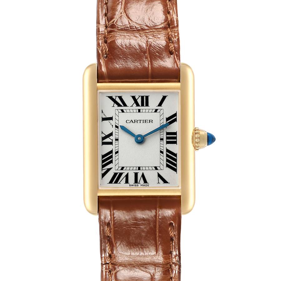 The image shows a Cartier Tank Louis W1529856 Women's Yellow Gold Silver Dial watch from a front view, highlighting its rectangular face, Roman numerals, and brown leather strap.