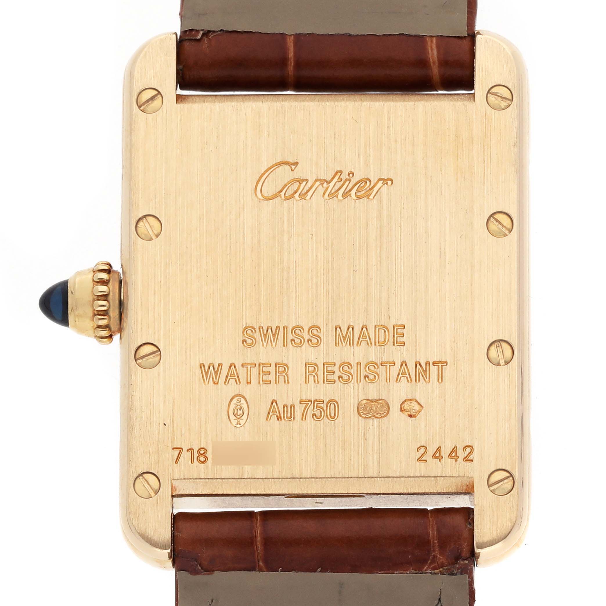 This image shows the back of a Cartier Tank Louis W1529856 Women's Yellow Gold Silver Dial watch, highlighting its gold case, inscriptions, and a leather strap.