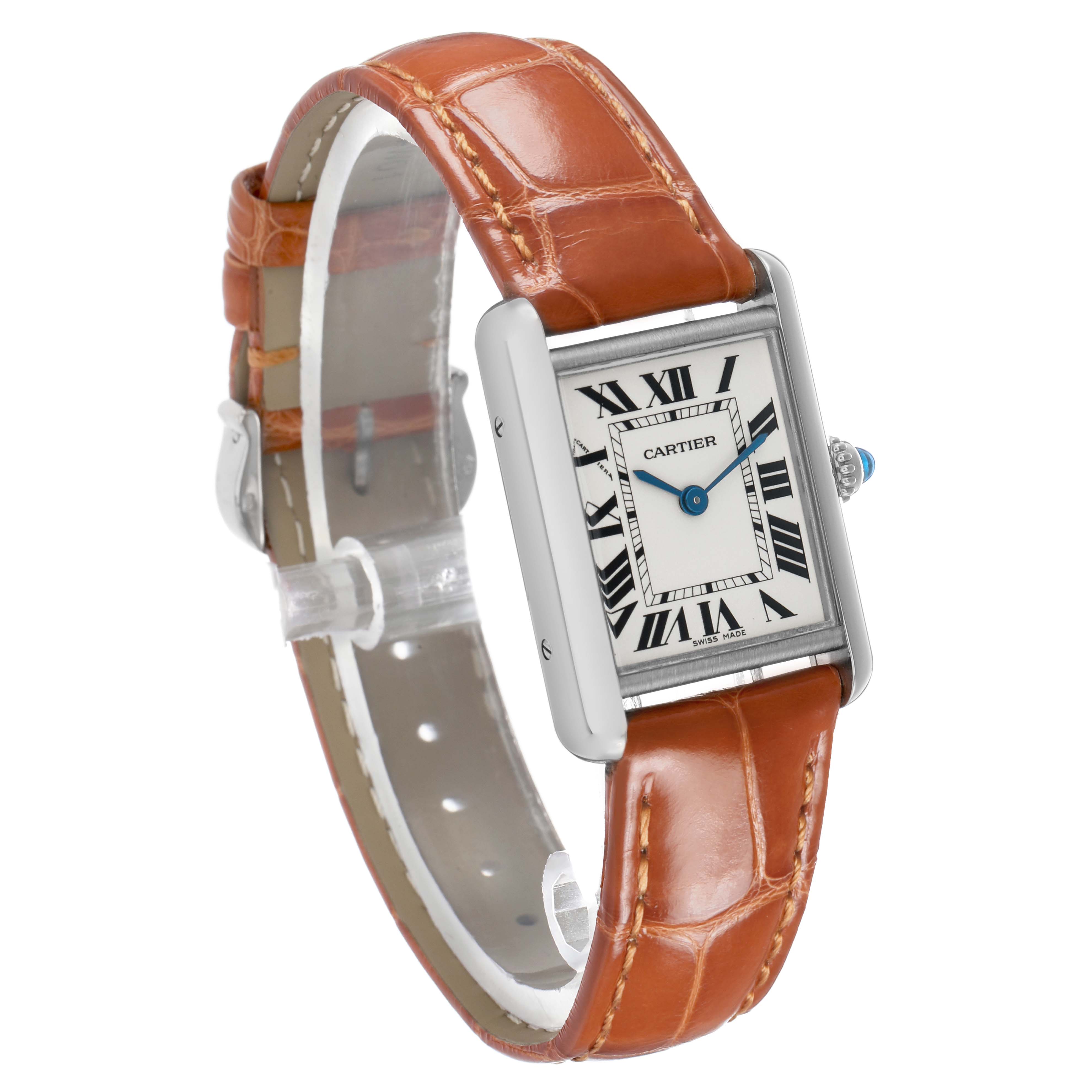The Cartier Tank Louis W1541056 Women's White Gold Silver Dial watch is shown at a slight angle, displaying the face, blue hands, and brown leather strap.