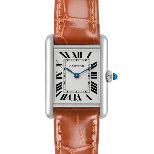 The Cartier Tank Louis W1541056 Women's White Gold Silver Dial watch is shown from a front angle, highlighting the face, Roman numerals, and brown leather strap.