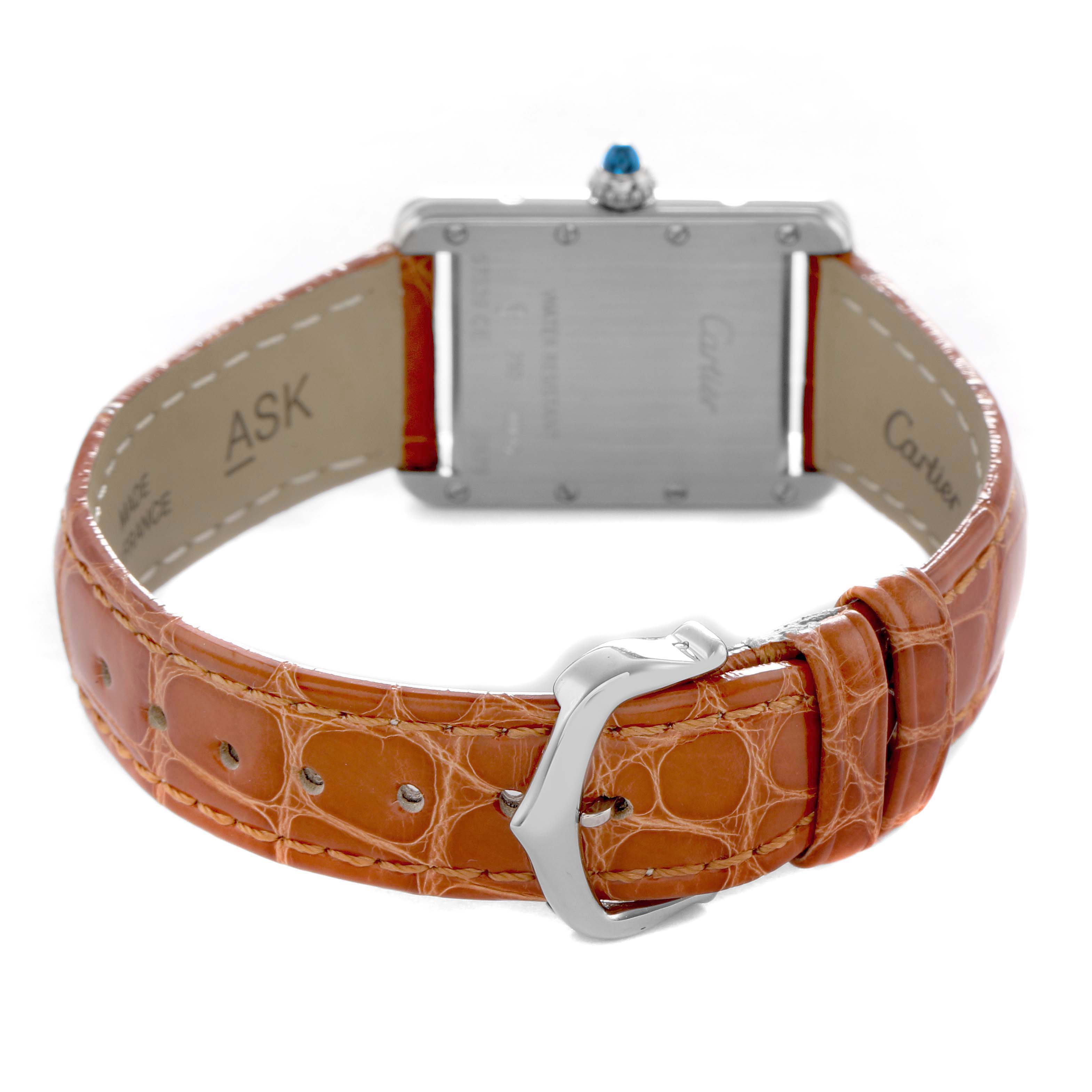 The Cartier Tank Louis W1541056 Women's White Gold Silver Dial watch is shown from the back, highlighting the buckle, leather strap, and case back.