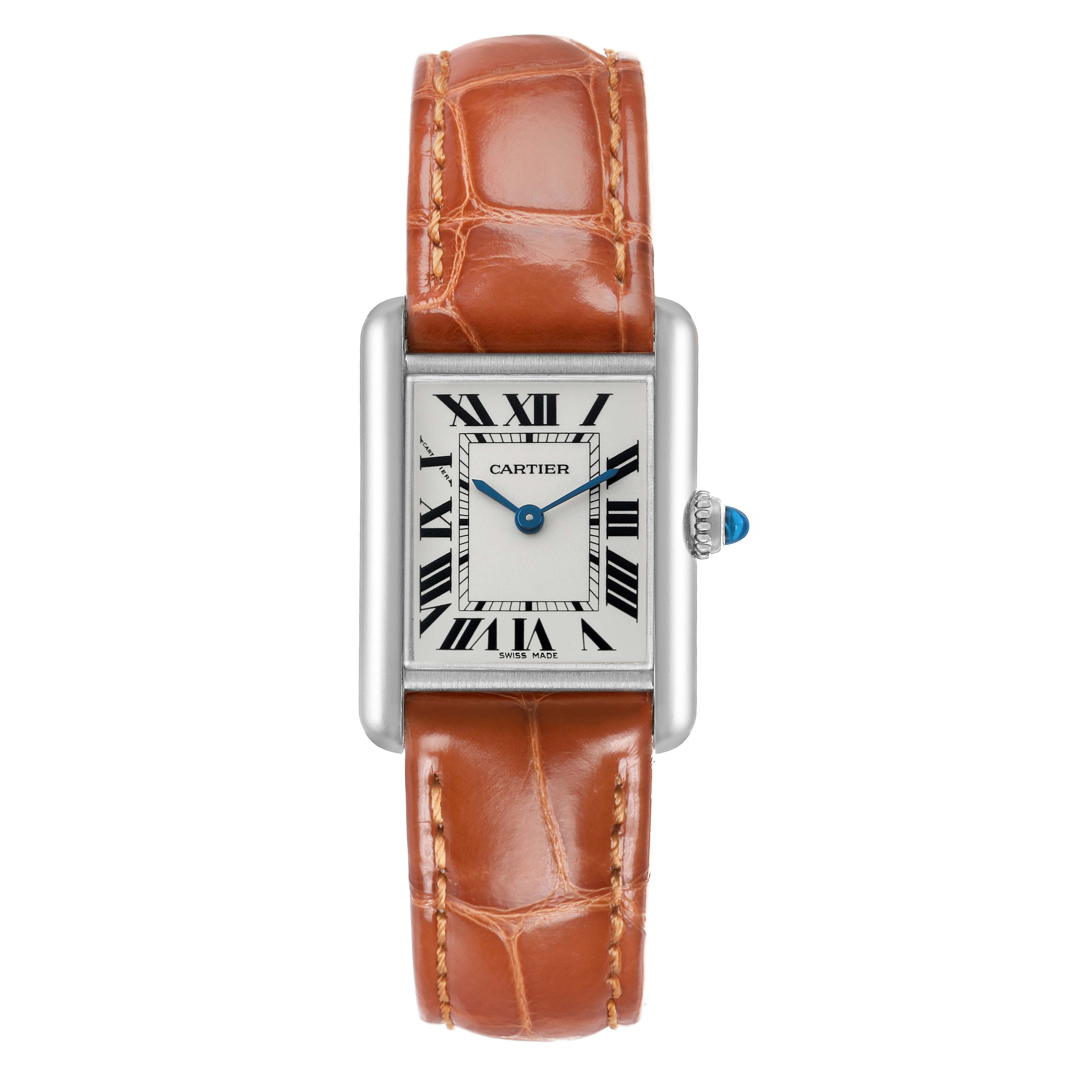 The Cartier Tank Louis W1541056 Women's White Gold Silver Dial watch is shown from a top view, displaying the face, roman numerals, and the brown leather strap.