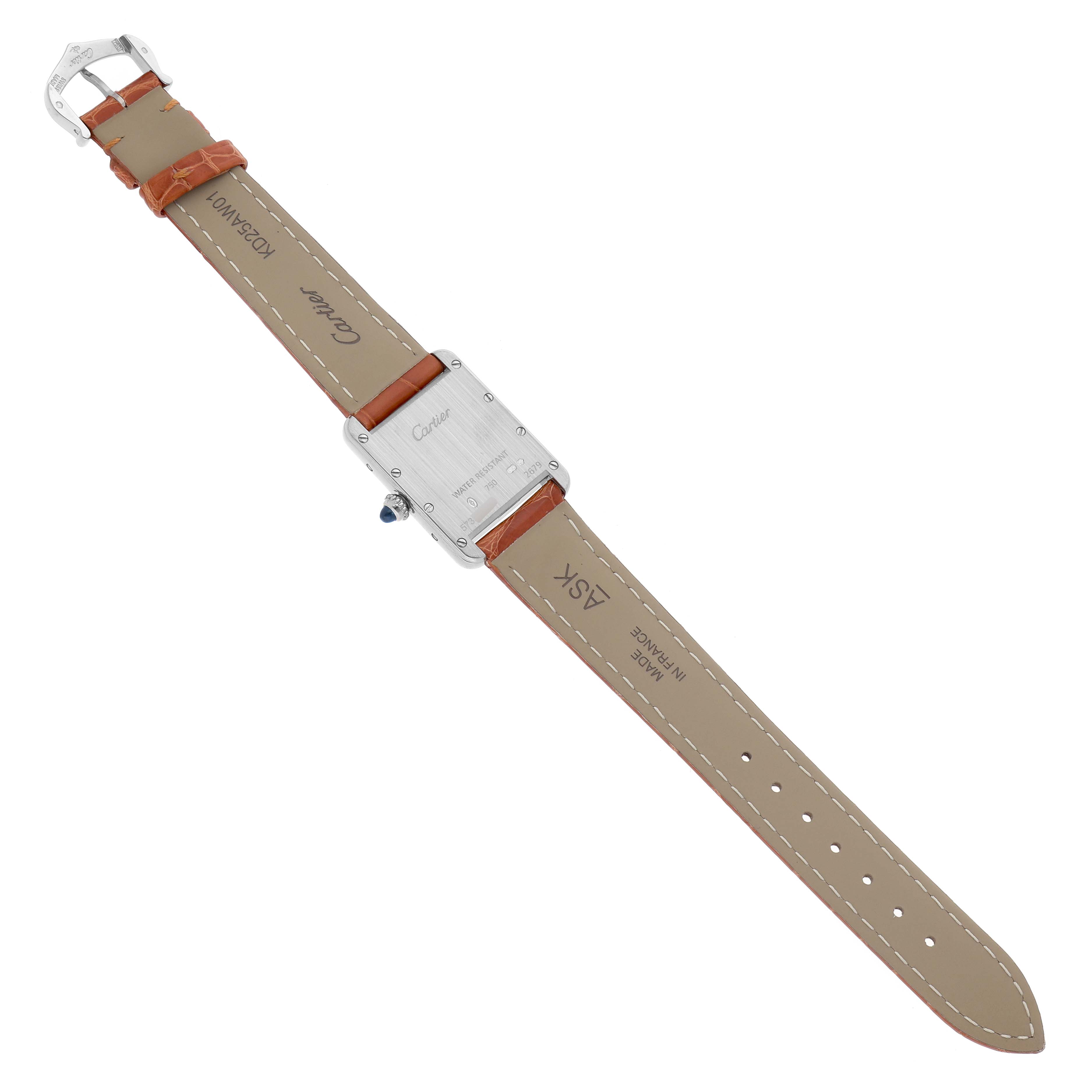 The Cartier Tank Louis W1541056 Women's White Gold Silver Dial model is shown from the back, with the strap fully extended, highlighting the clasp and back case.