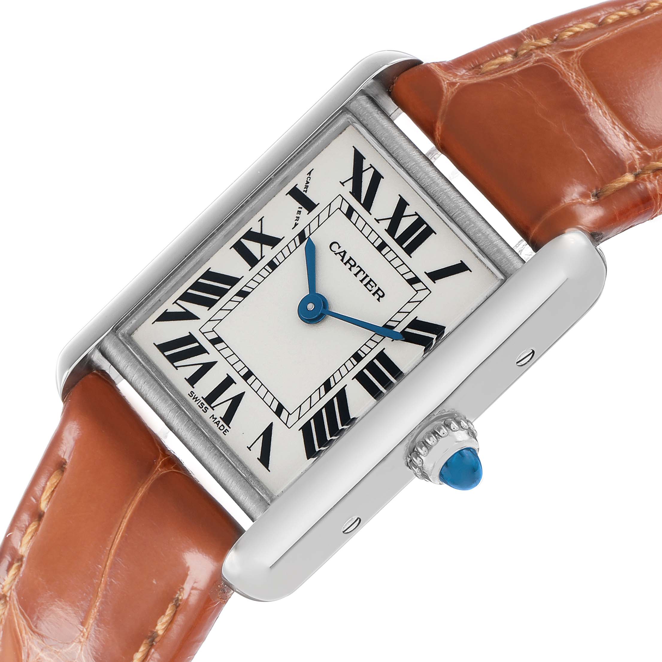 The Cartier Tank Louis W1541056 Women's White Gold Silver Dial watch is shown from a slight side angle, highlighting the face, crown, and leather strap.