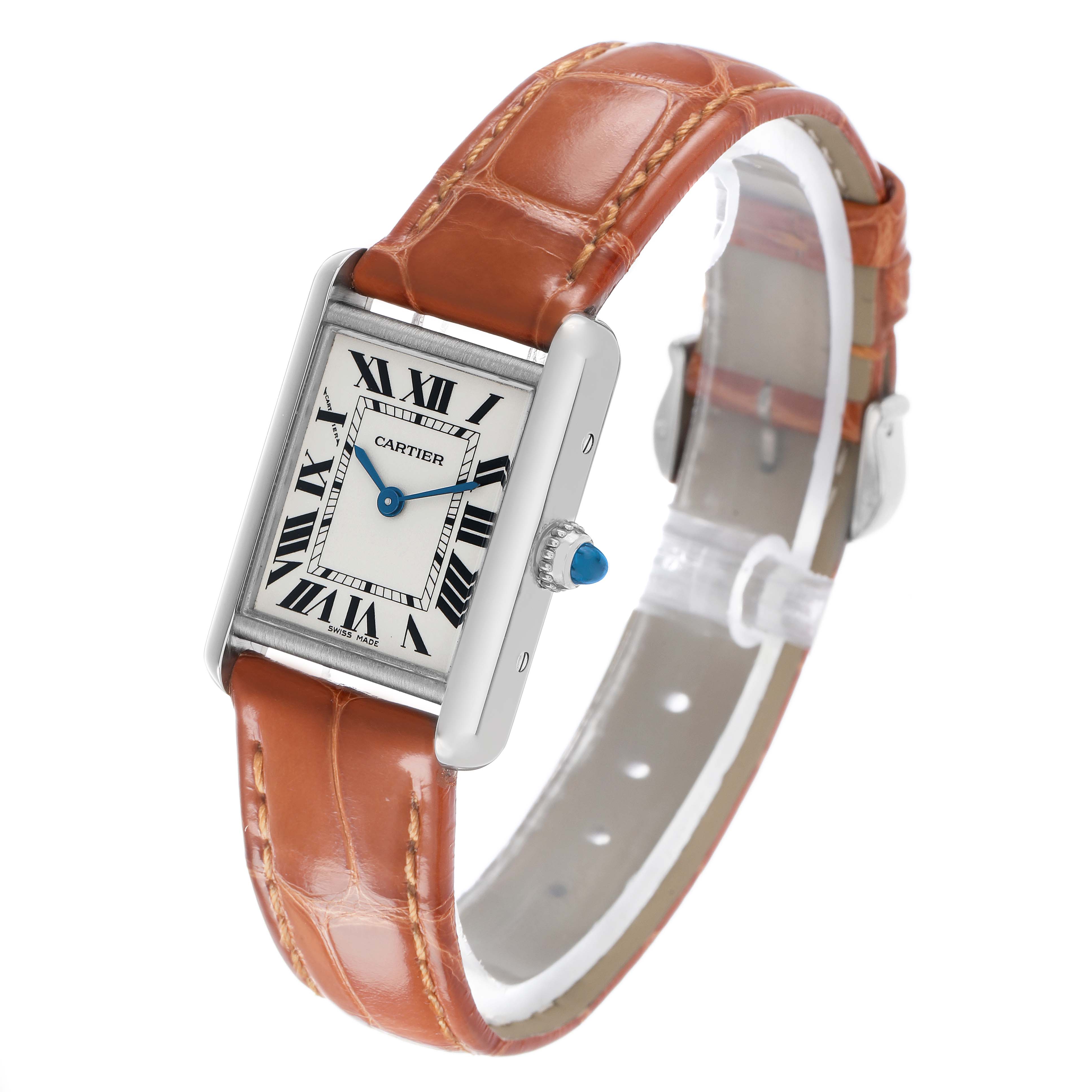 The Cartier Tank Louis W1541056 Women's White Gold Silver Dial watch is shown at a three-quarter angle, displaying the face, leather strap, and crown with a blue gem.