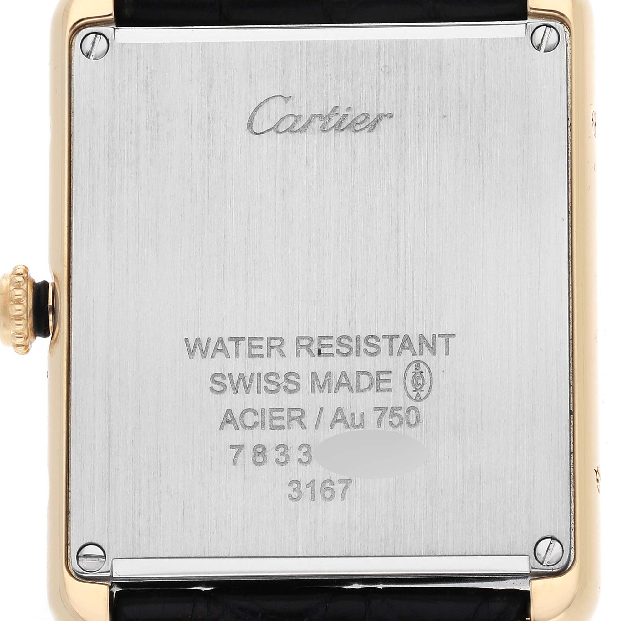 The image shows the back of the Cartier Tank Solo W5200004 Men's Yellow Gold Silver Dial watch, displaying the brand logo and specifications.