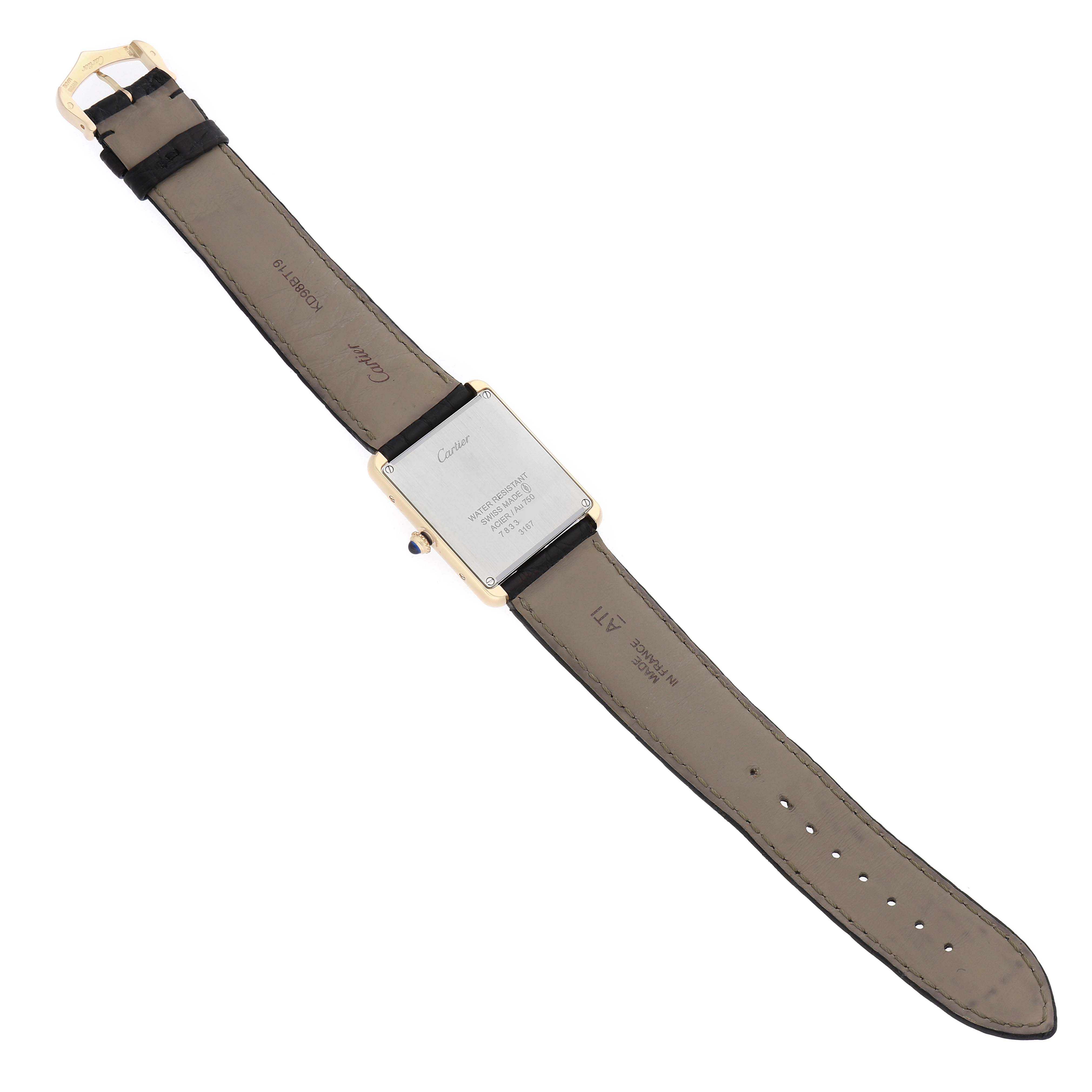 The Cartier Tank Solo W5200004 Men's Yellow Gold Silver Dial watch is shown from the back, displaying the case, strap, and buckle.