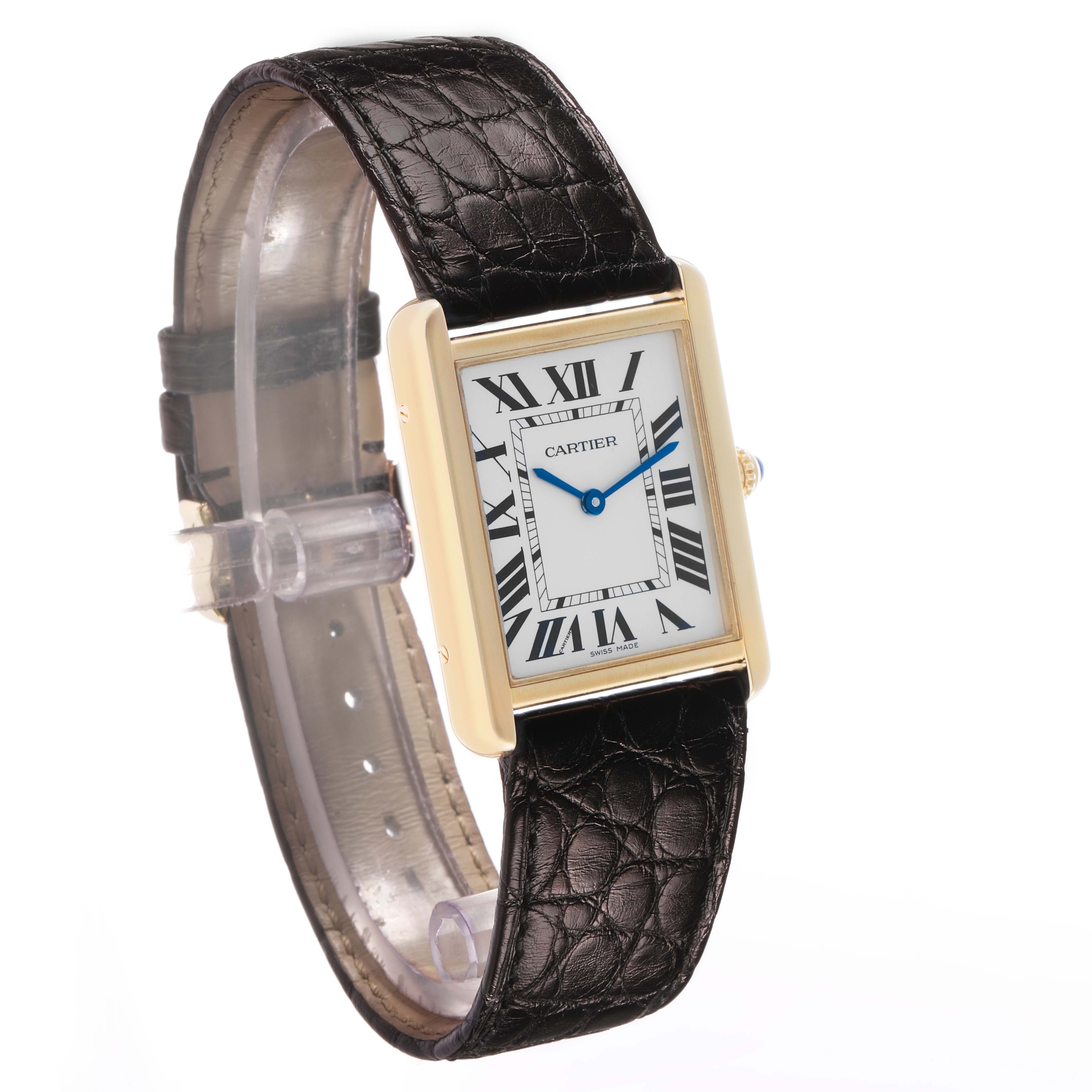 The Cartier Tank Solo W5200004 Men's Yellow Gold Silver Dial watch is shown at a three-quarter angle, displaying the face, leather strap, and side profile.