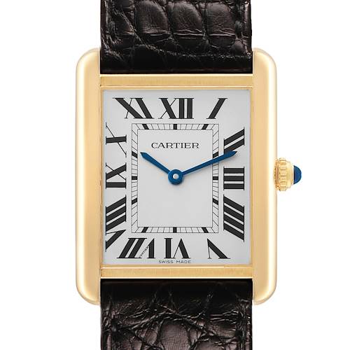 The image shows a front view of the Cartier Tank Solo W5200004 Men's Yellow Gold Silver Dial watch, highlighting its rectangular face, Roman numerals, and leather strap.