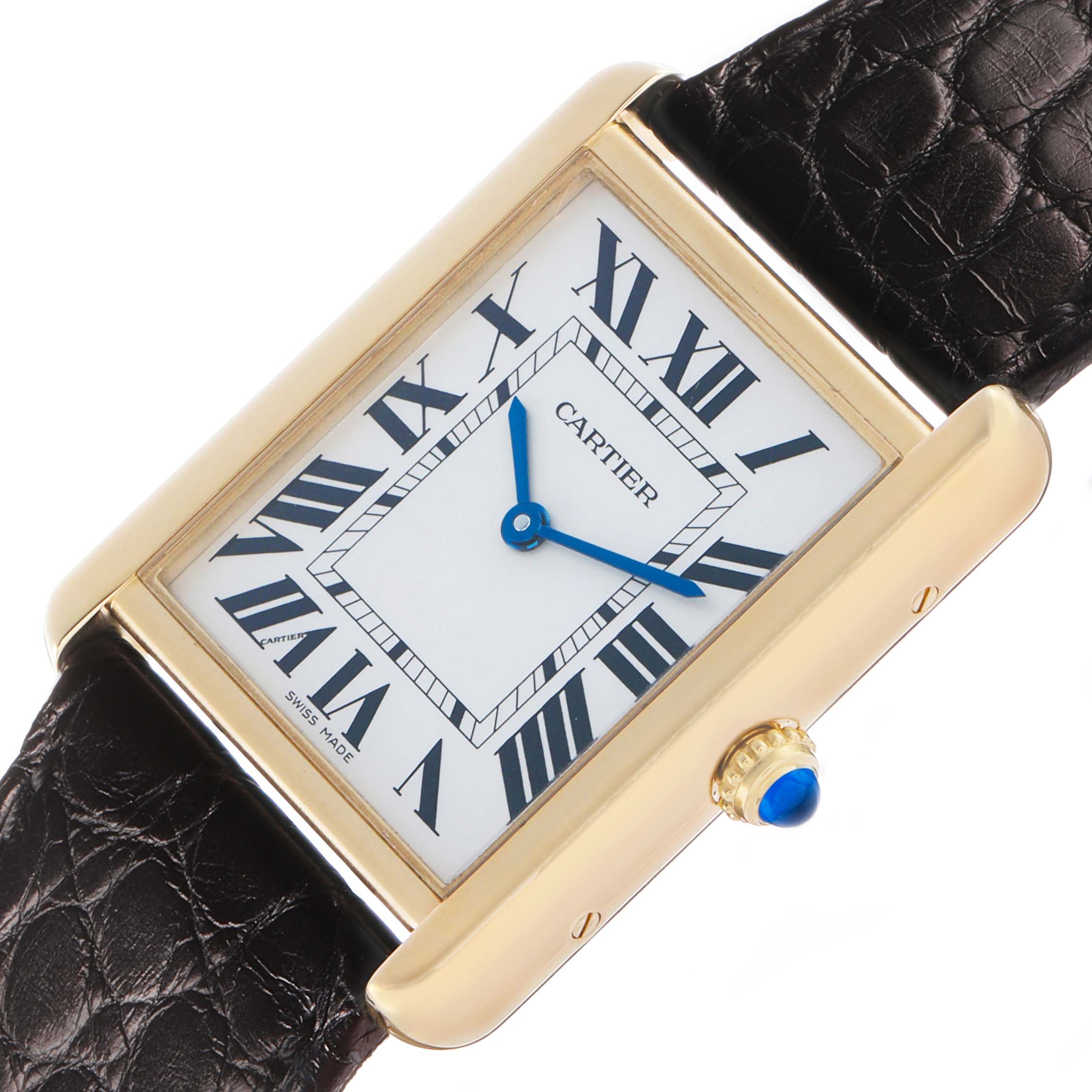 The Cartier Tank Solo W5200004 Men's Yellow Gold Silver Dial watch is shown at a tilted angle, highlighting its rectangular case, Roman numeral dial, and crown with a blue cabochon.