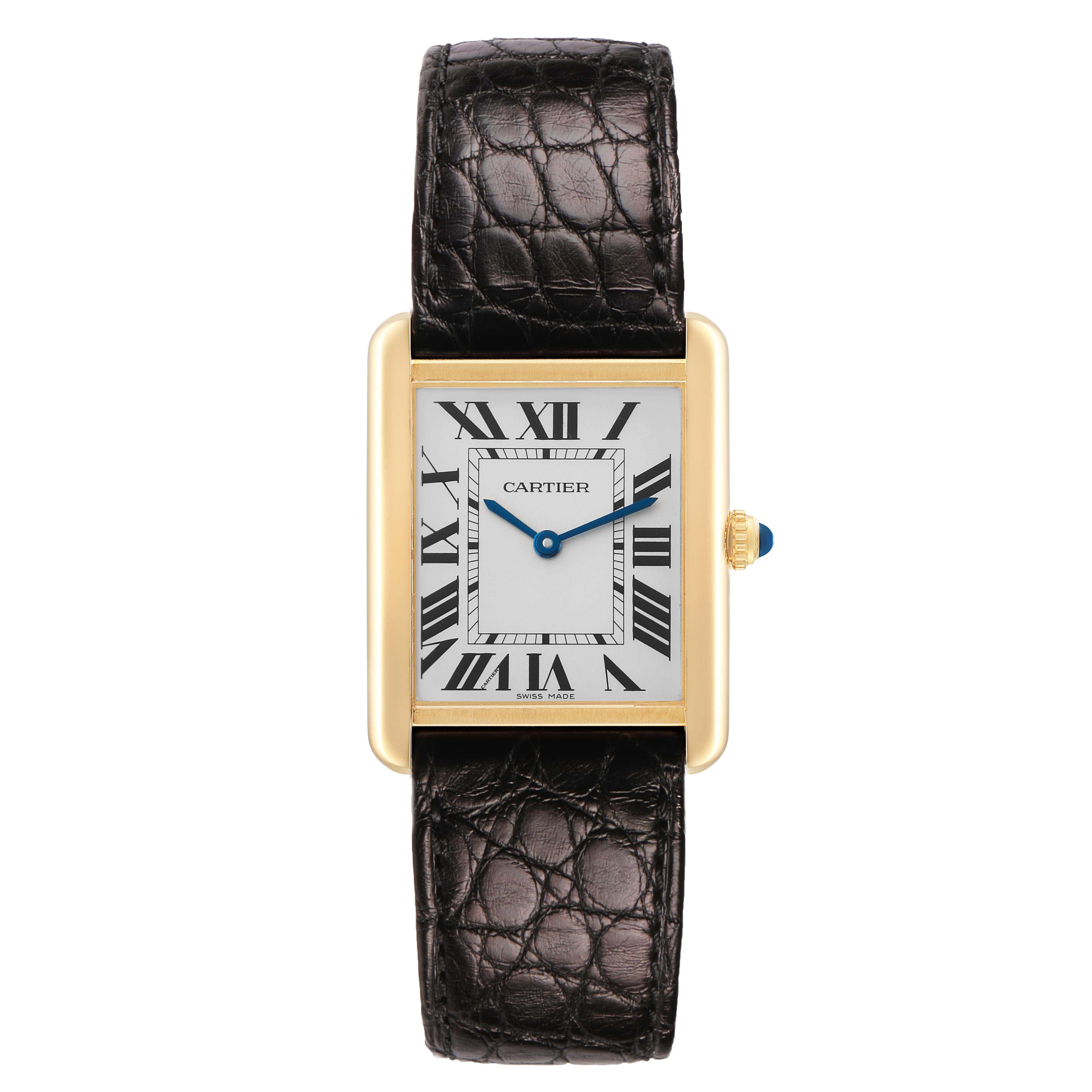 The image shows a frontal view of the Cartier Tank Solo W5200004 Men's Yellow Gold Silver Dial watch, highlighting its rectangular face, Roman numerals, and leather strap.