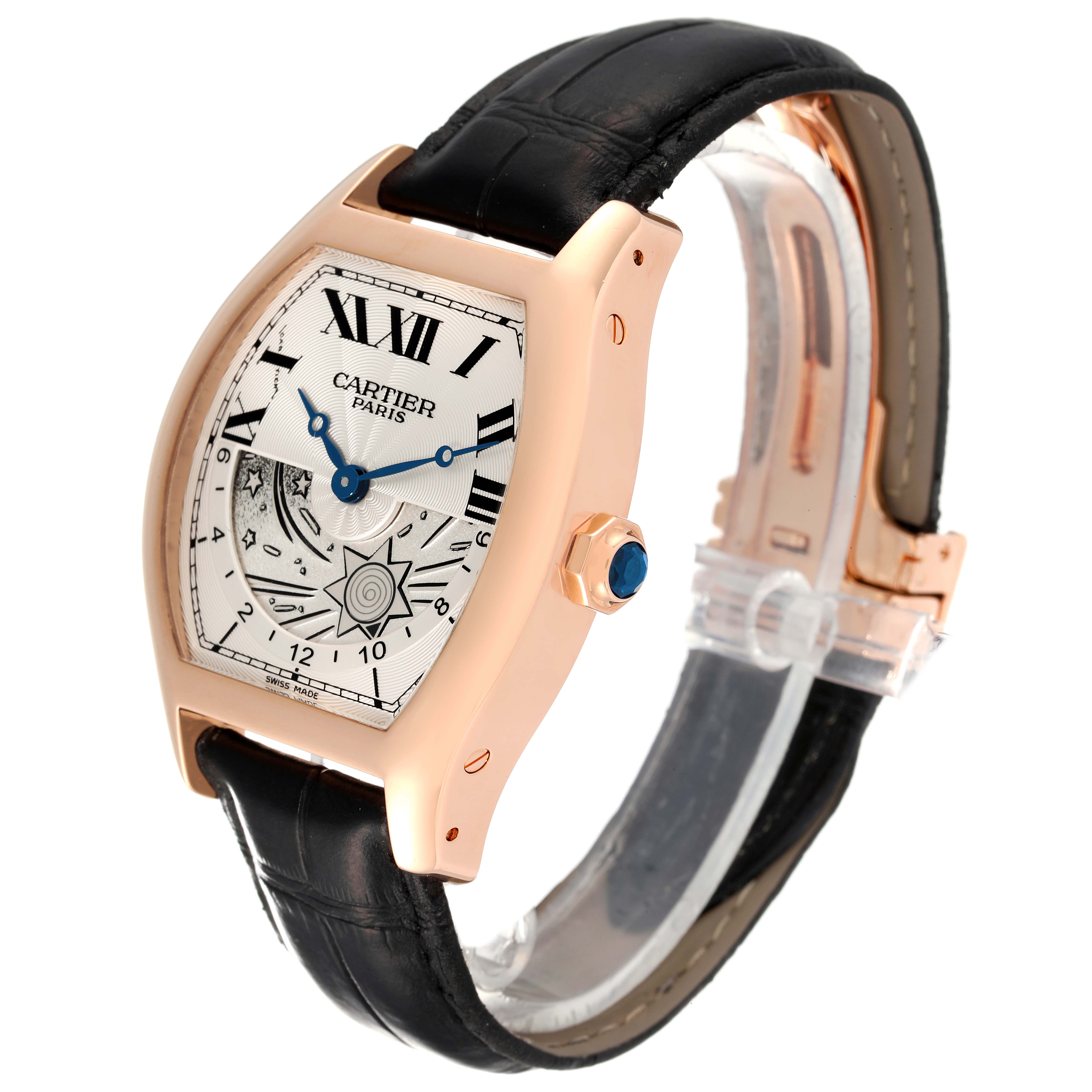 The image shows a Cartier Tortue W1553551 Men's Rose Gold Silver Dial W1553551 Men's Rose Gold Silver Dial watch at a three-quarter angle, highlighting its face, crown, and leather strap.