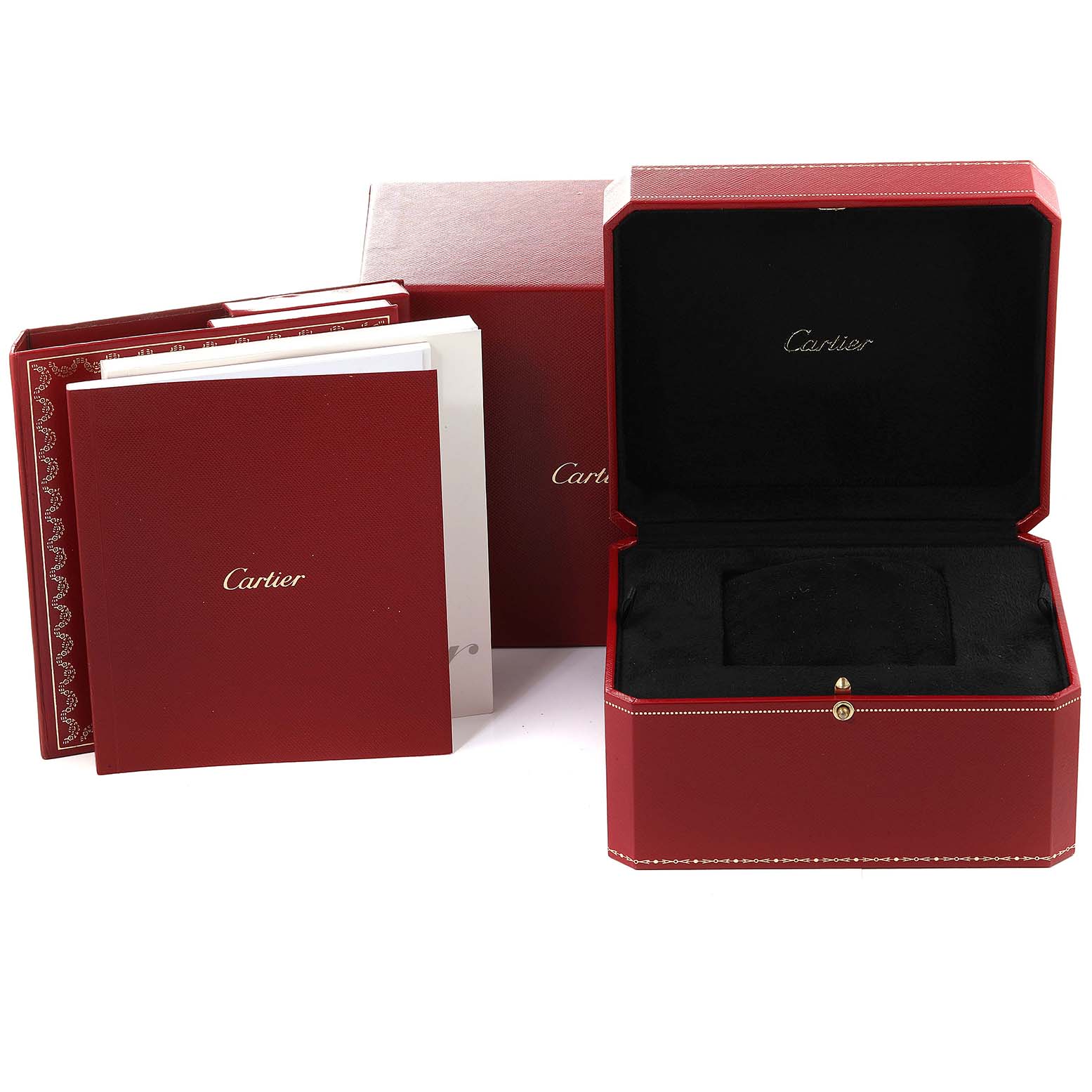 This is a Cartier Tortue W1553551 Men's Rose Gold Silver Dial W1553551 Men's Rose Gold Silver Dial watch packaging set, including an open watch box and accompanying booklets.