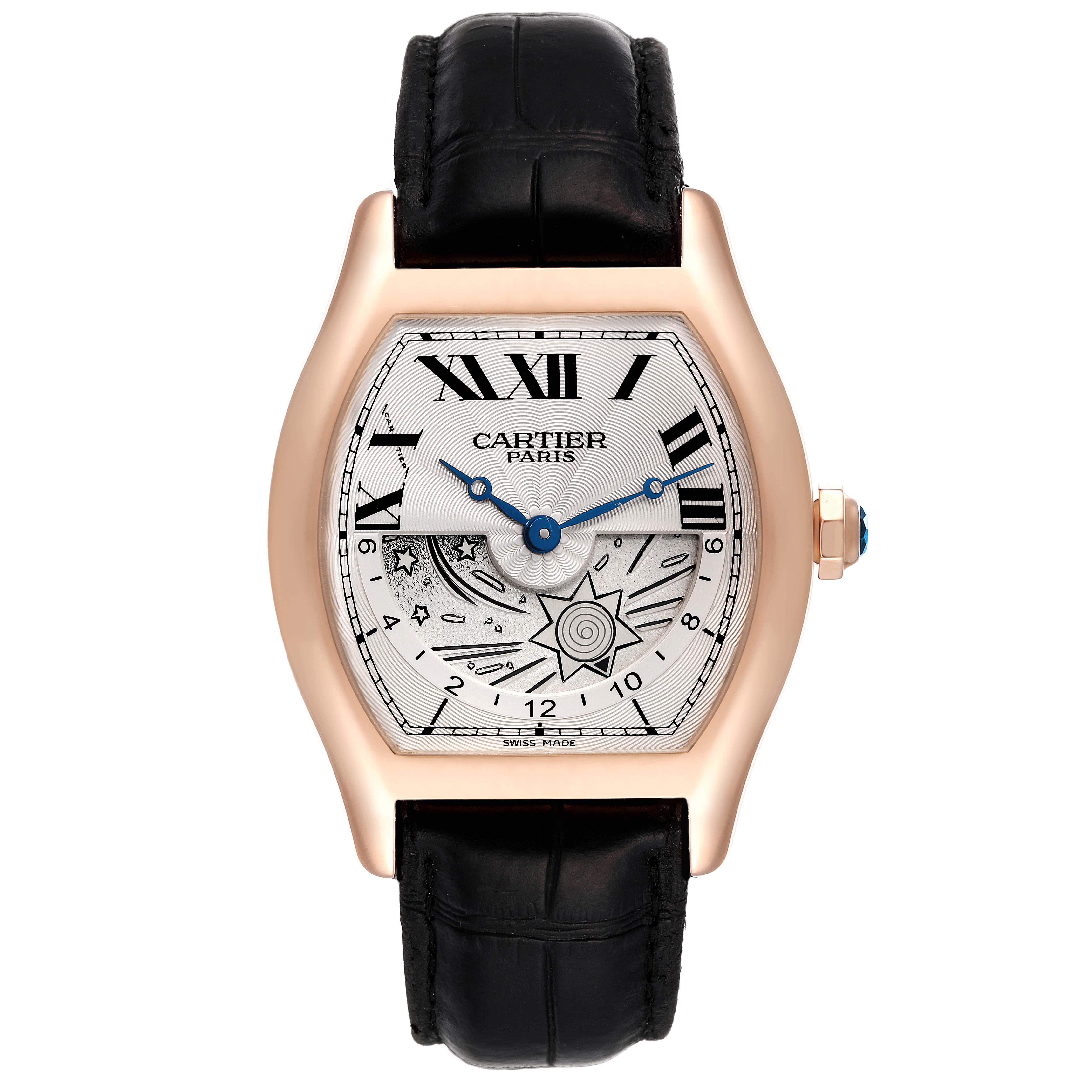 This image shows a front view of a Cartier Tortue W1553551 Men's Rose Gold Silver Dial W1553551 Men's Rose Gold Silver Dial watch, featuring a leather strap, detailed dial, Roman numerals, and blue hands.