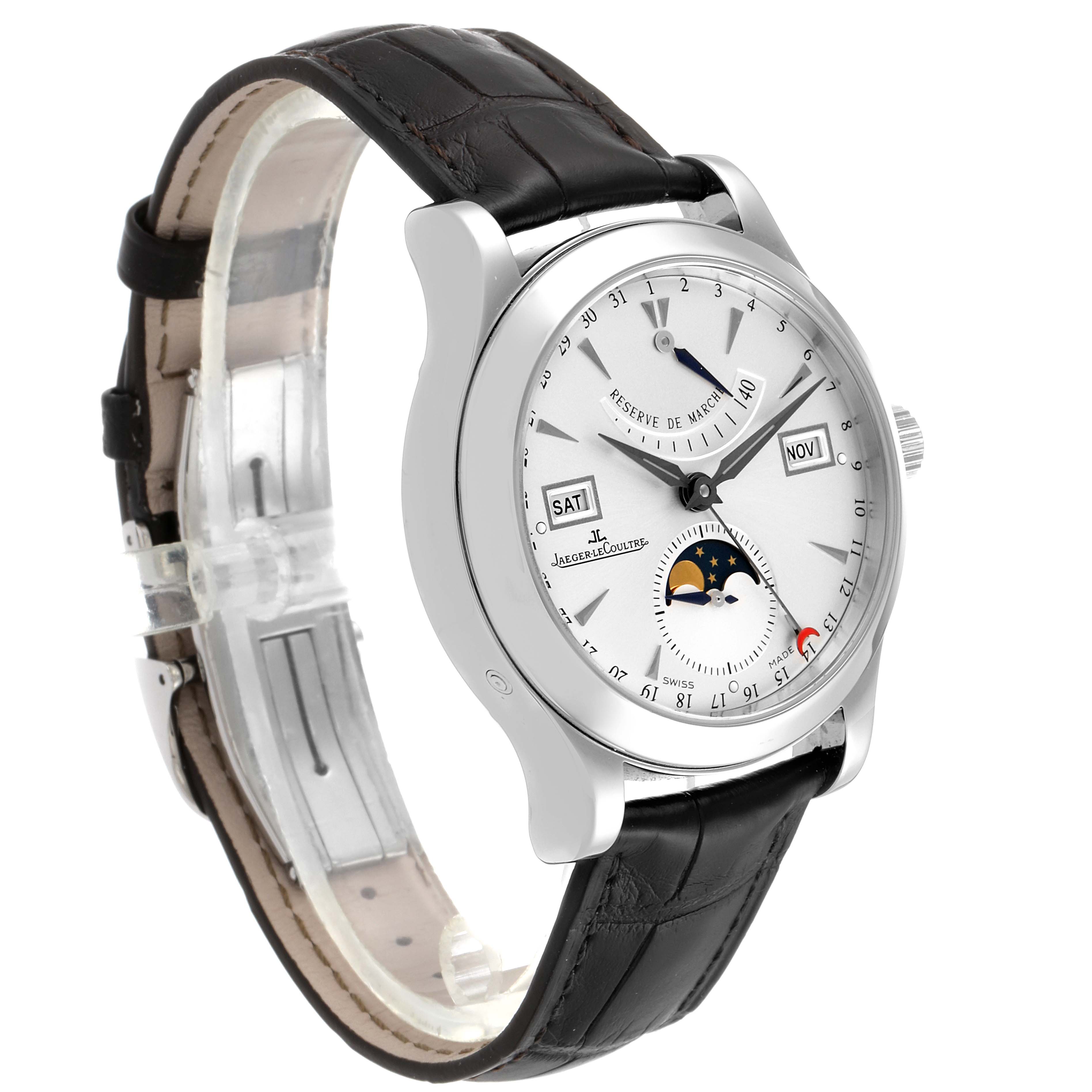 The Jaeger-LeCoultre Master watch is shown at a three-quarter angle, displaying its dial, moon phase, and leather strap.