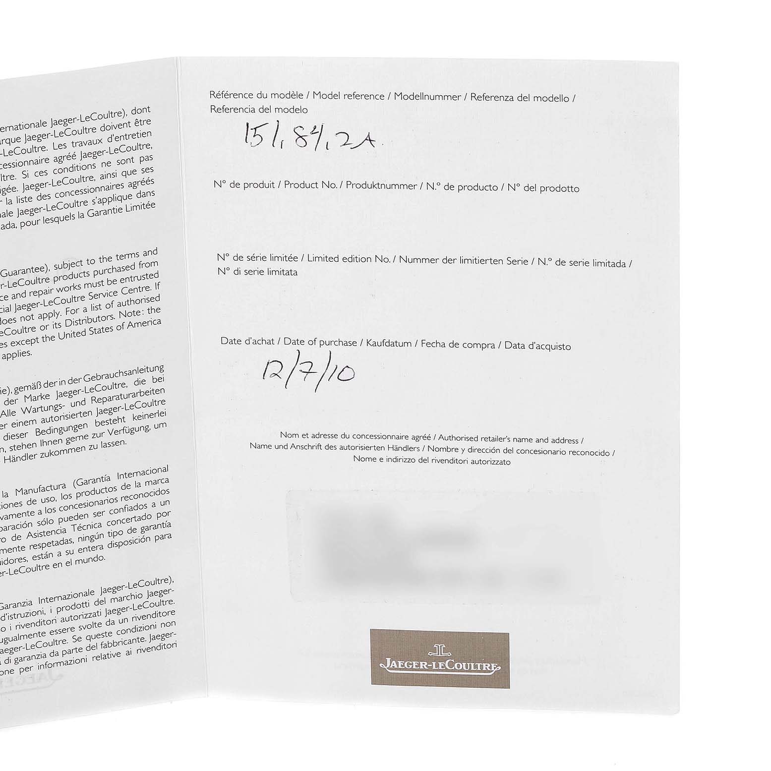 This image shows a close-up of the certification paperwork for a Jaeger-LeCoultre Master model watch, detailing purchase information and model references.