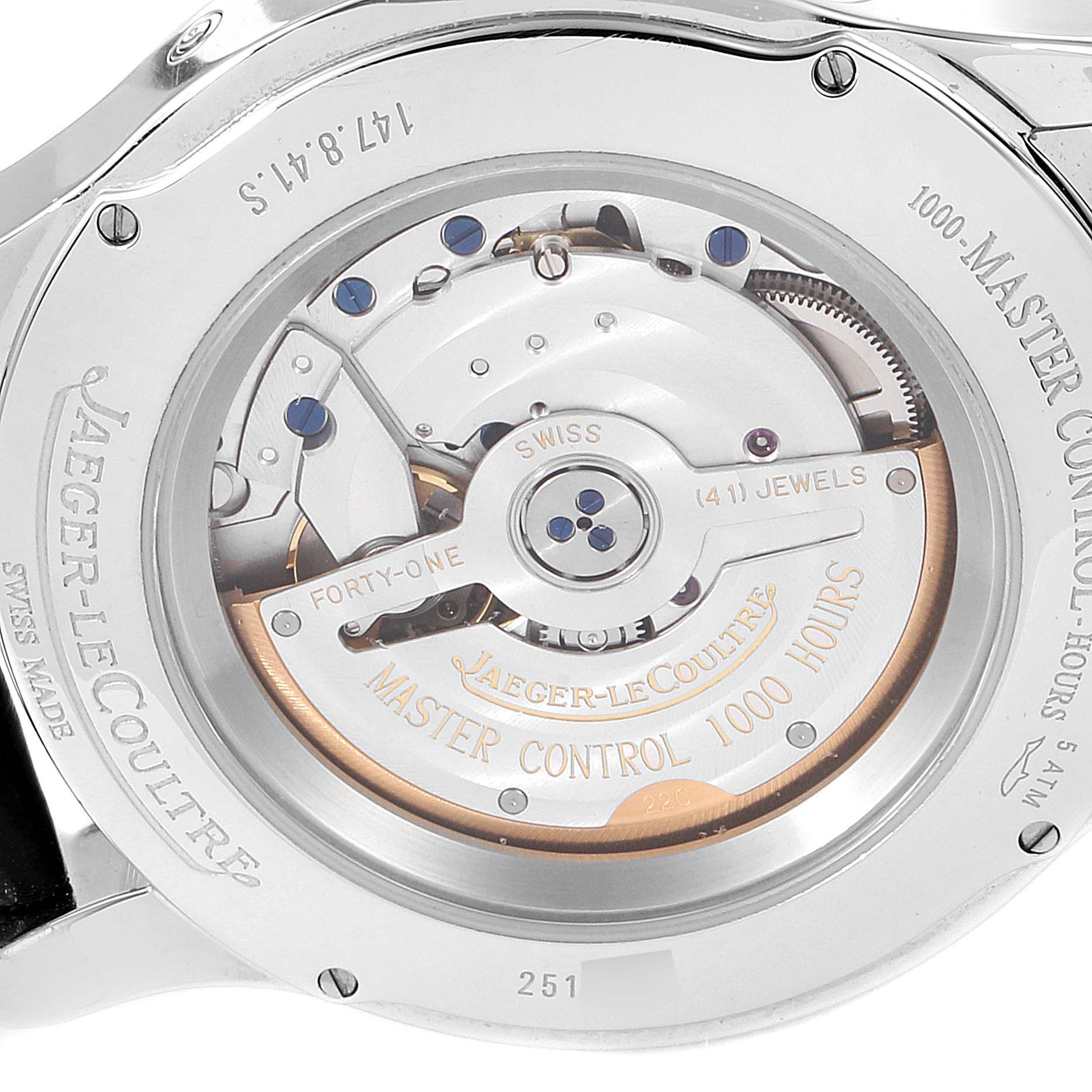 The image shows the back view of the Jaeger-LeCoultre Master Control 1000 Hours watch, displaying its movement and rotor.